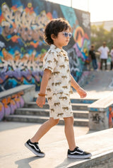 Boys tiger casual outfit with matching shirt & shorts, side pockets visible, perfect everyday casual cool wear, 100% cotton