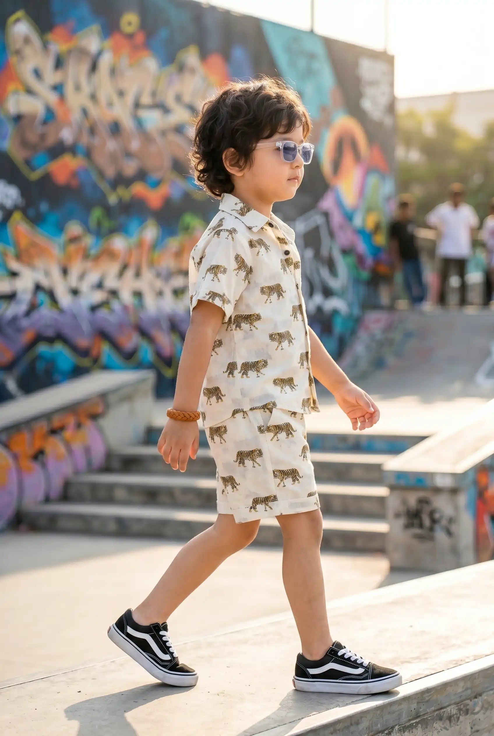 Boys tiger casual outfit with matching shirt & shorts, side pockets visible, perfect everyday casual cool wear, 100% cotton
