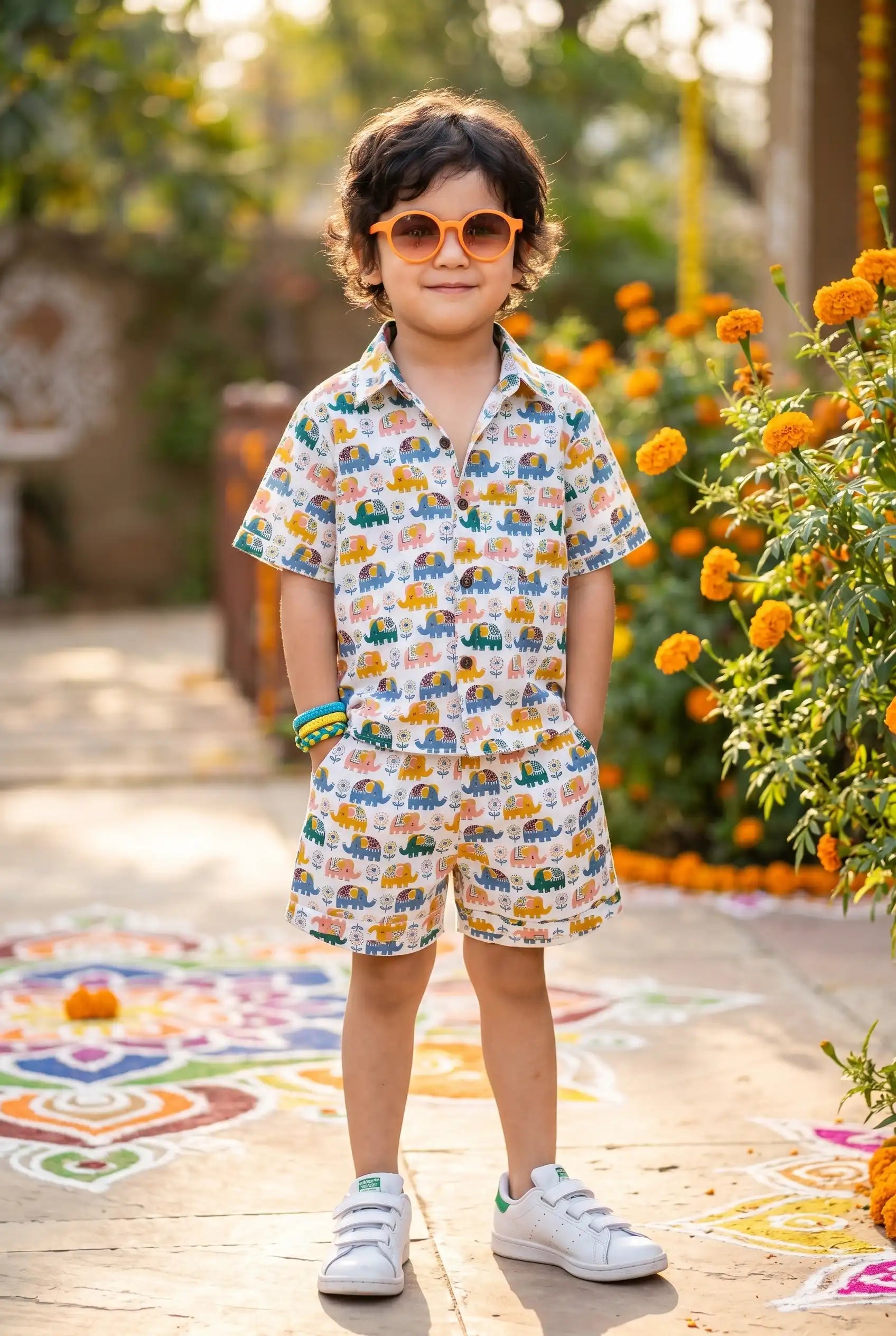 Young boy age 4-5 playing outdoors in boys elephant nature casual shirt + shorts set, perfect for summer wear casual everyday outfit, 100% cotton