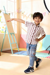 Maroon & White Ethnic Print Shirt - 4 Year Boy Festive Dress
