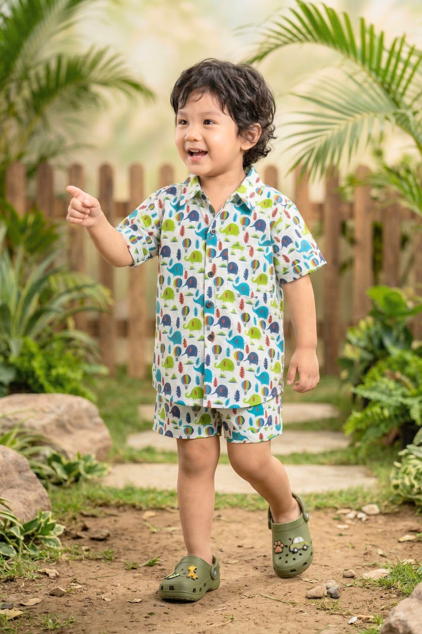 Boys elephant jungle print shirt and shorts coord set flat lay — white base safari cotton kids clothing India