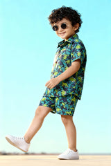 Green Dino Printed Pure Cotton Boys Shirt & Shorts Co-ord Set