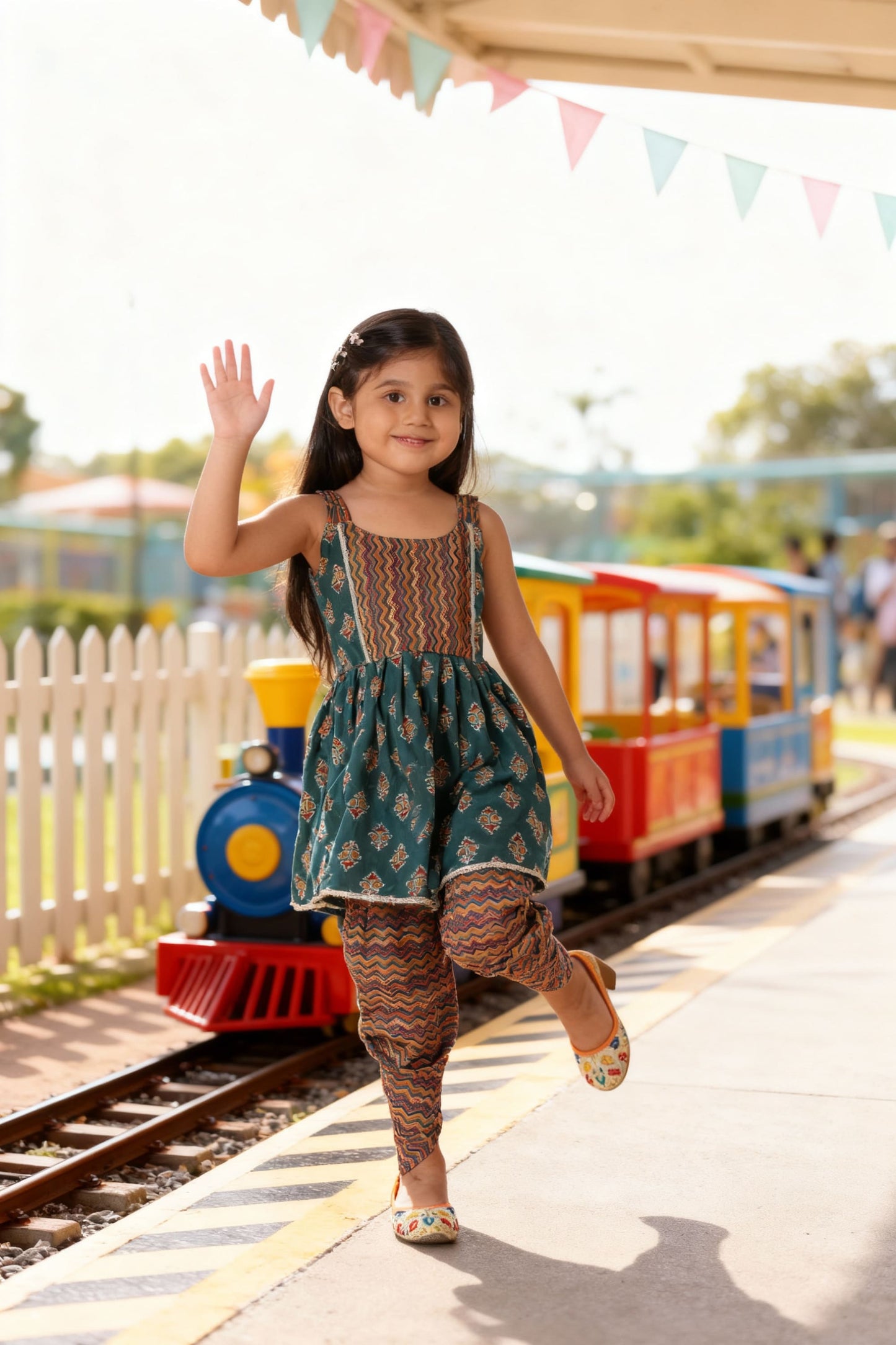 Green Kurti with Multicolor Dhoti Pant - Festive Wear