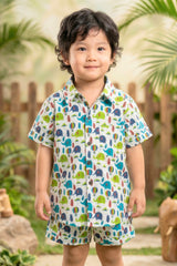 Boys elephant jungle print coord set white base — safari shirt and shorts front view Bebe Unicorn