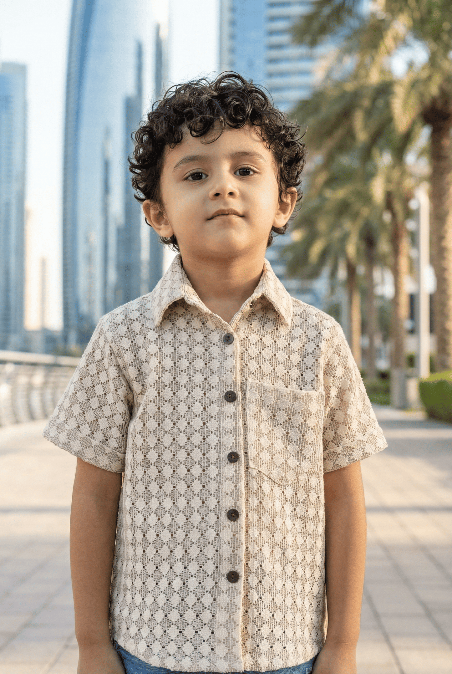 Beige Diamond Print Shirt - Kids Dress for Boys
