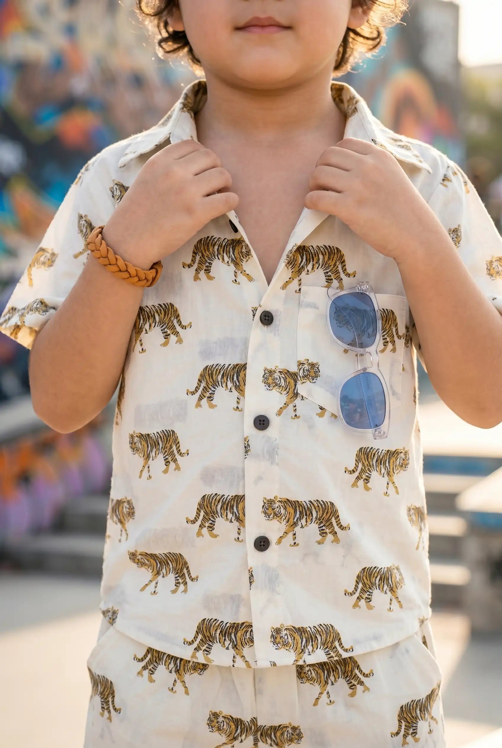 Boys tiger print shirt showing button-down detail, brown striped tigers, casual everyday cool outfit, ages 2-8