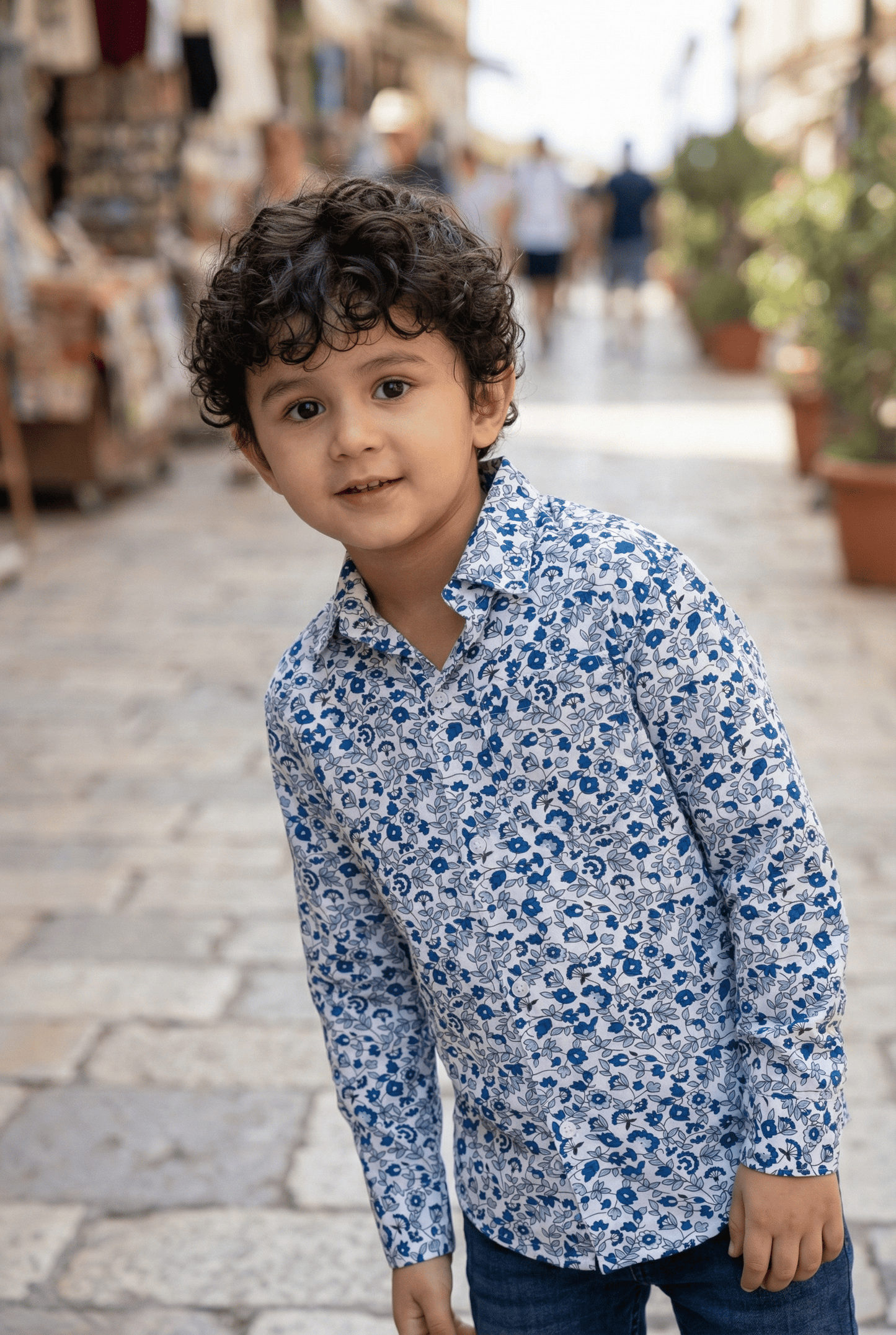 Fresh Blooms: Boys' Blue Small Flowers Printed Shirt