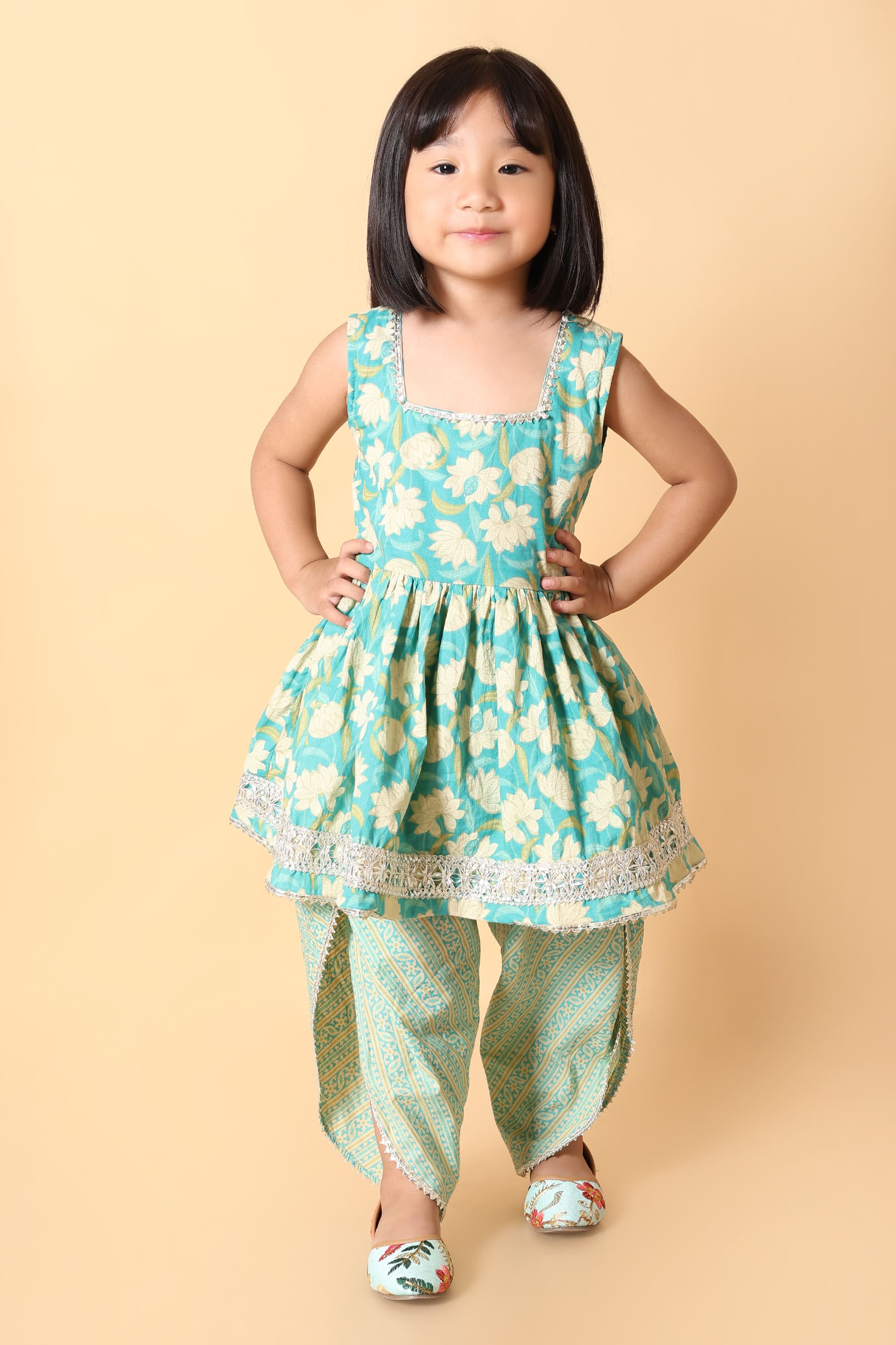 Aqua Blue Floral Rakhi Ethnic Dress for Girls