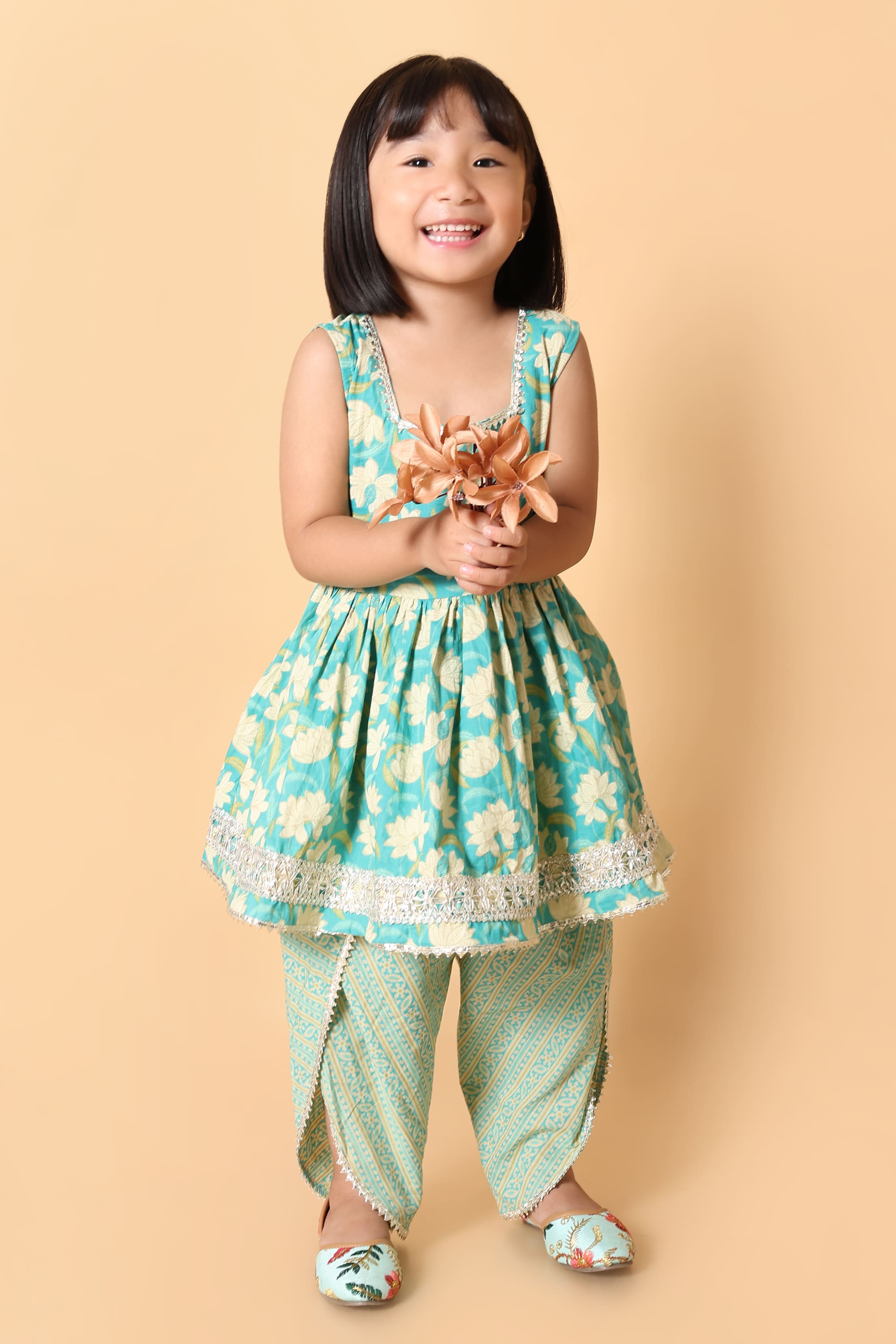 Aqua Blue Floral Rakhi Ethnic Dress for Girls