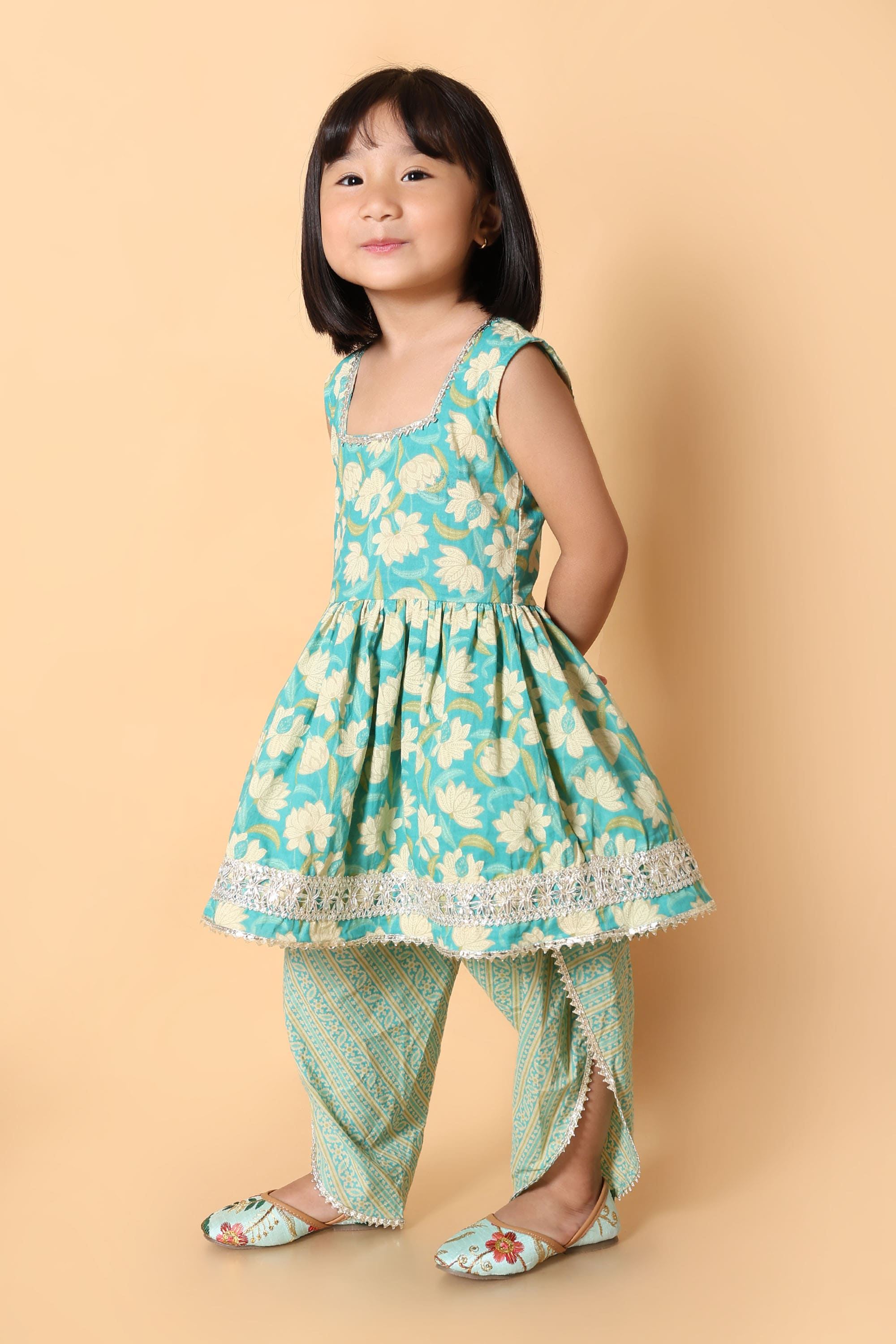 Aqua Blue Floral Rakhi Ethnic Dress for Girls