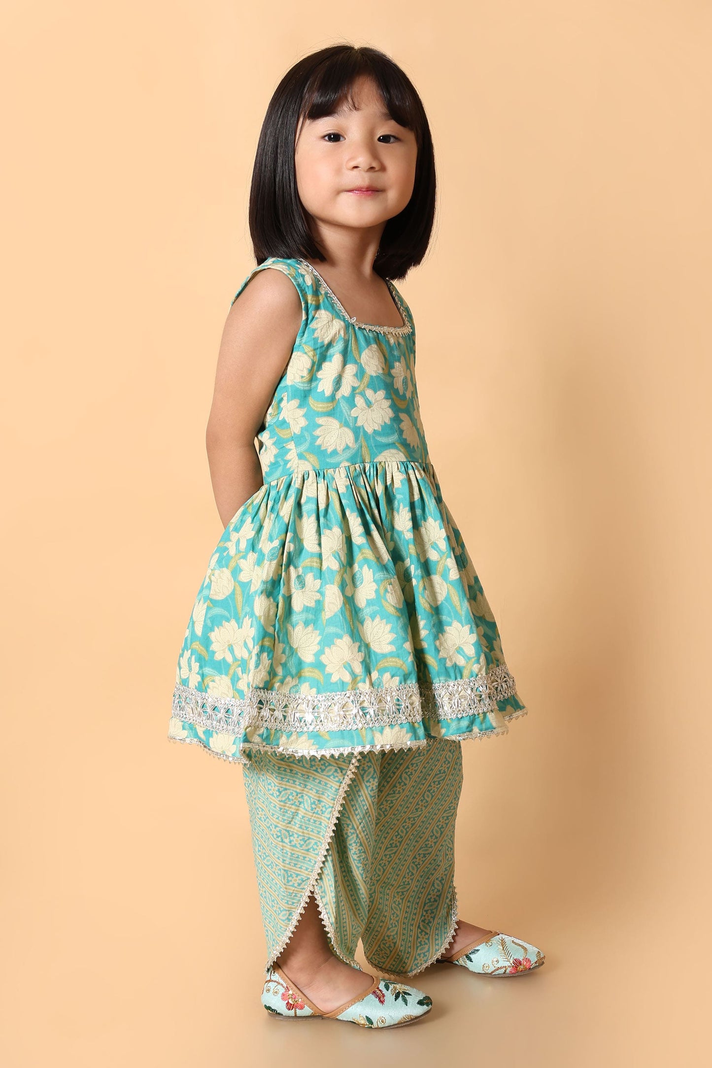 Aqua Blue Floral Rakhi Ethnic Dress for Girls