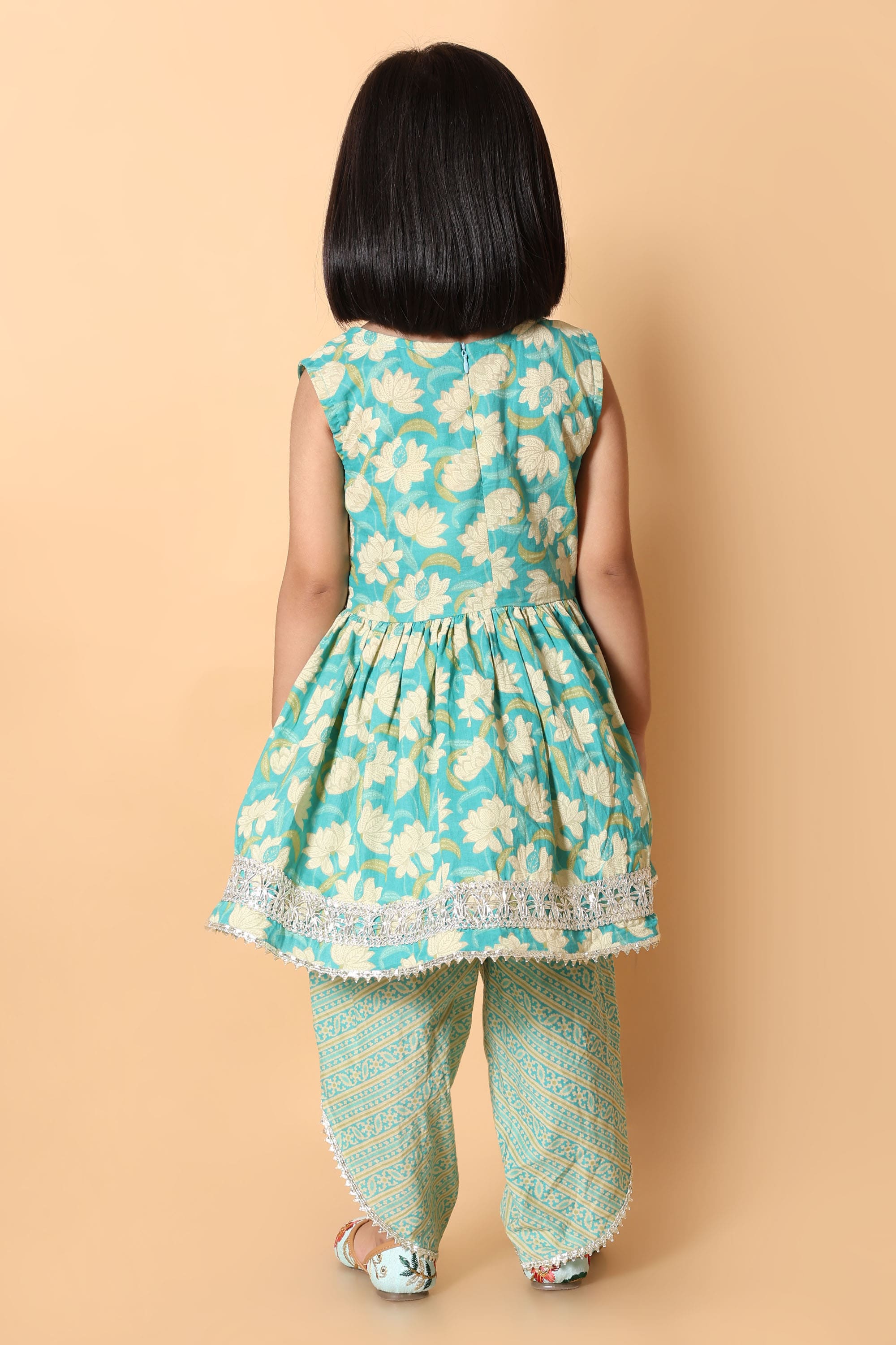 Aqua Blue Floral Rakhi Ethnic Dress for Girls