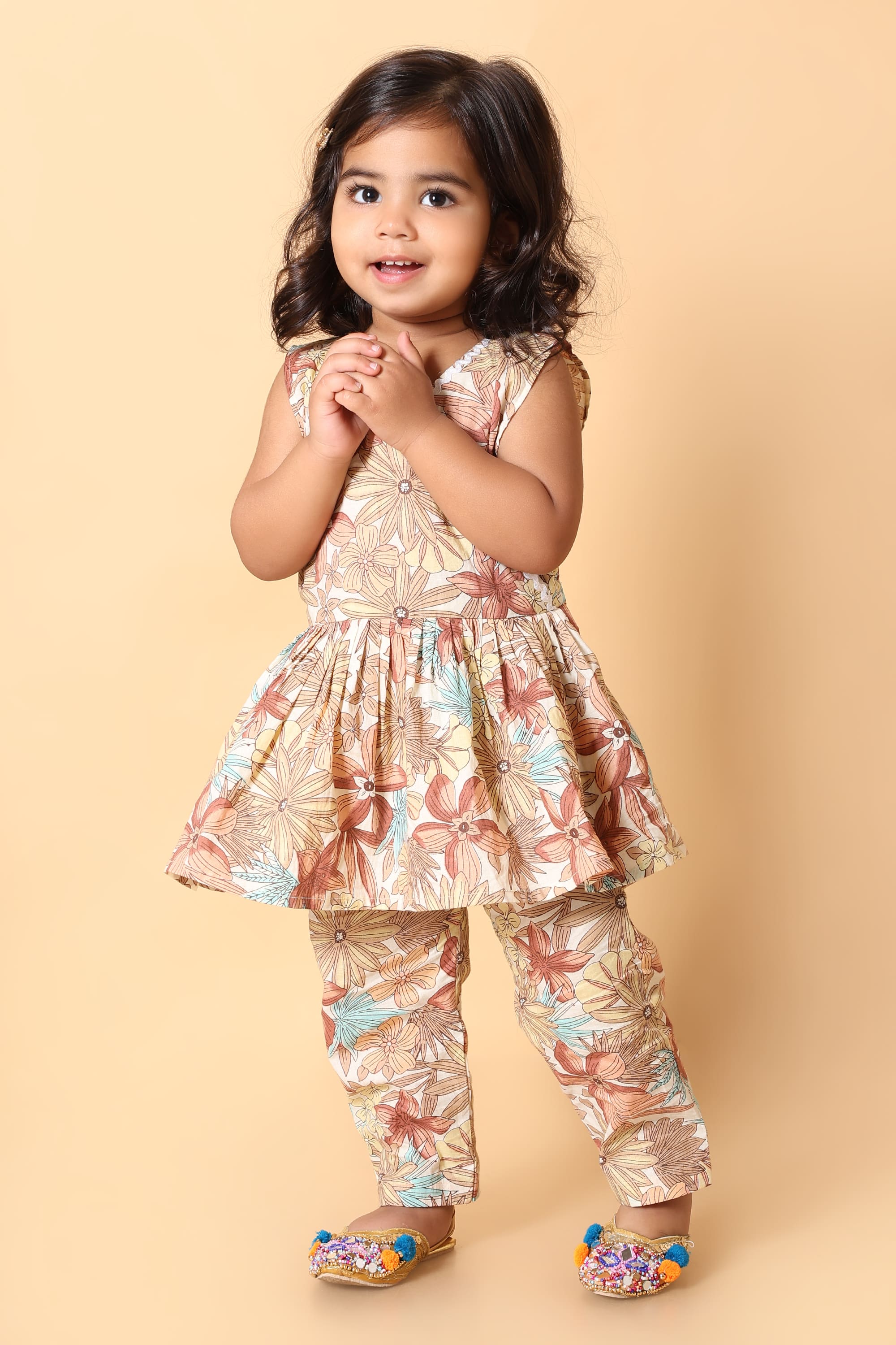 Girls Floral Angrakha Peplum Kurta & Pant Set – Pure Cotton (2-8Y)