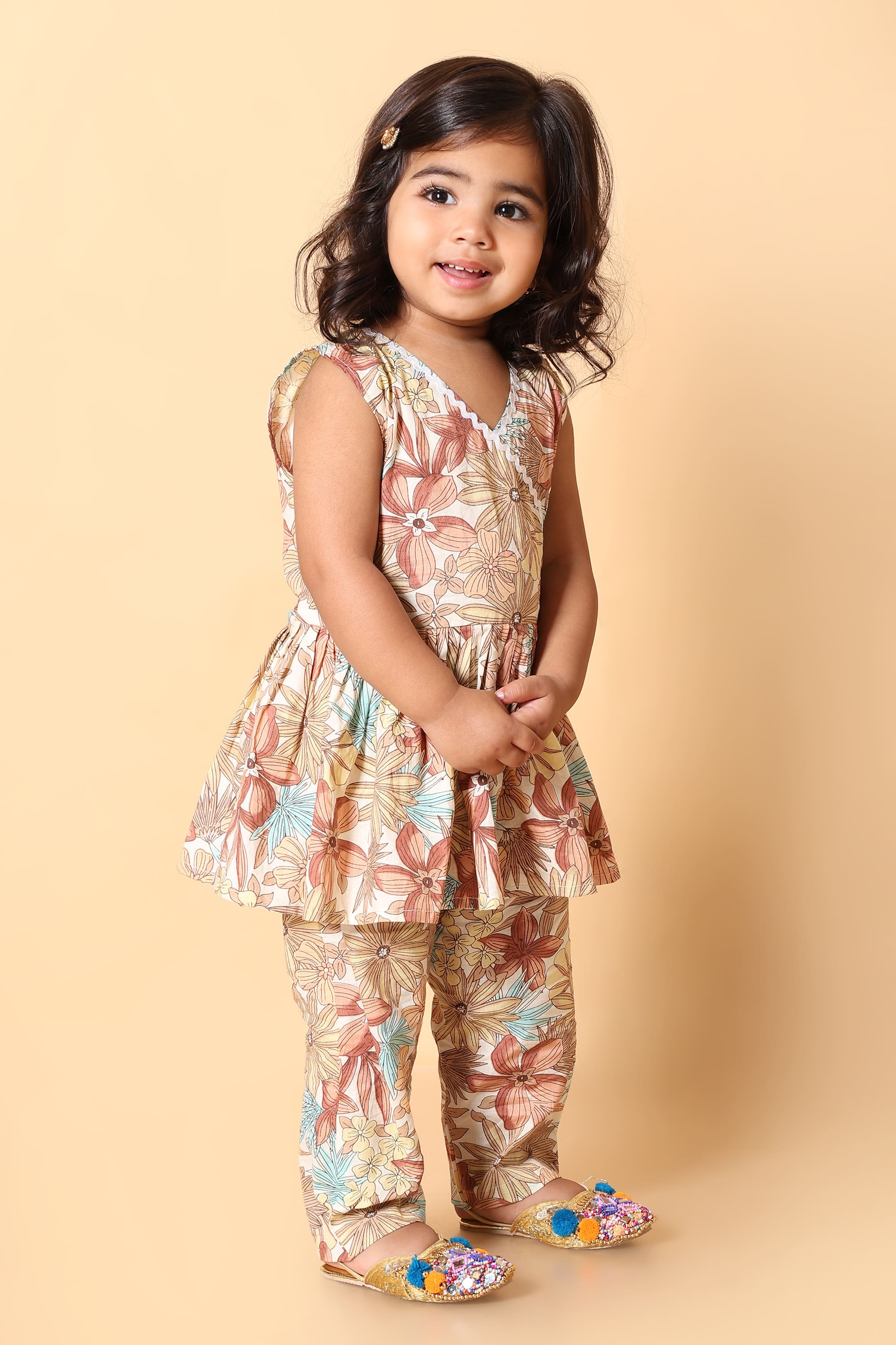 Girls Floral Angrakha Peplum Kurta & Pant Set – Pure Cotton (2-8Y)