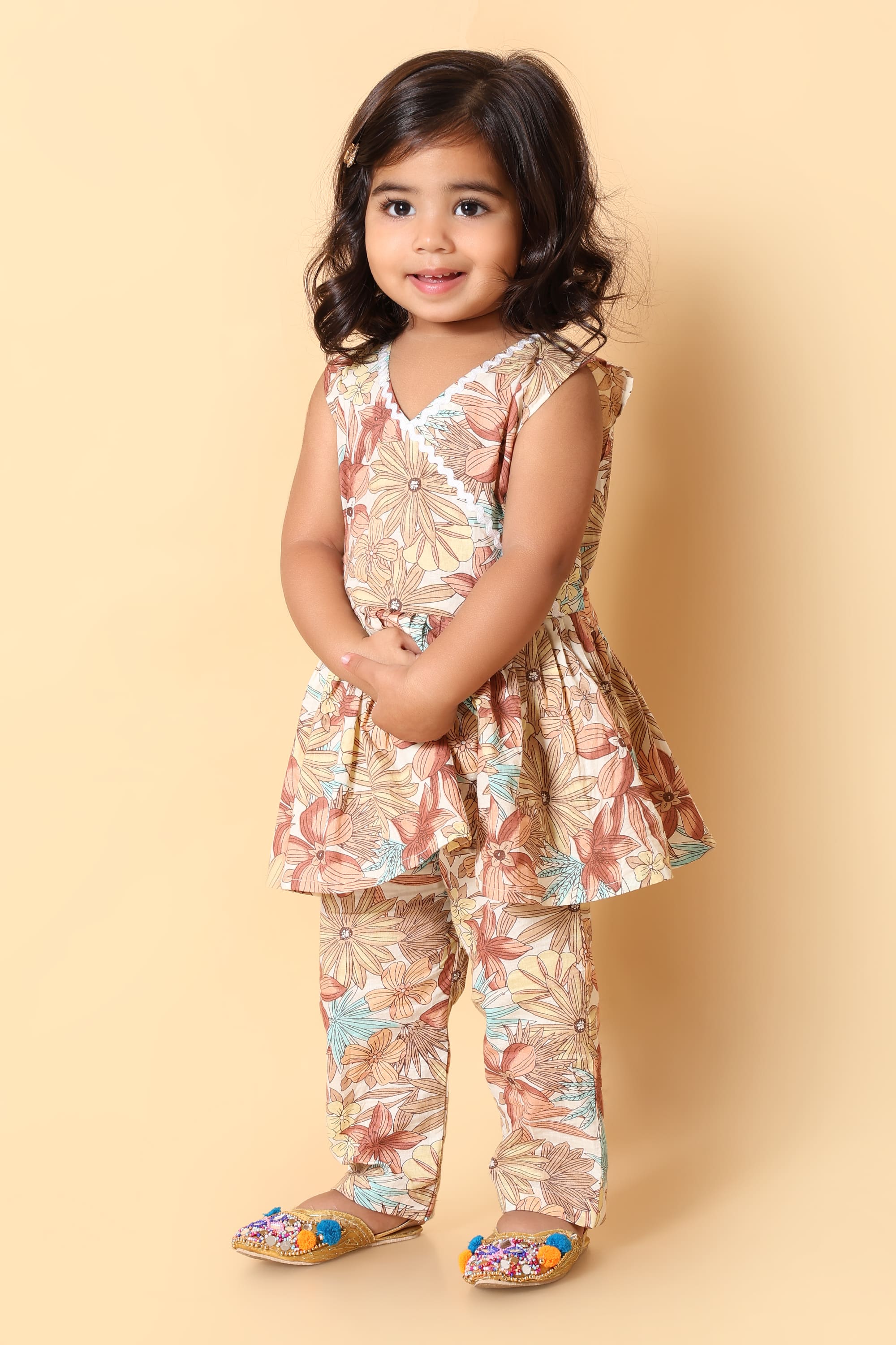 Girls Floral Angrakha Peplum Kurta & Pant Set – Pure Cotton (2-8Y)