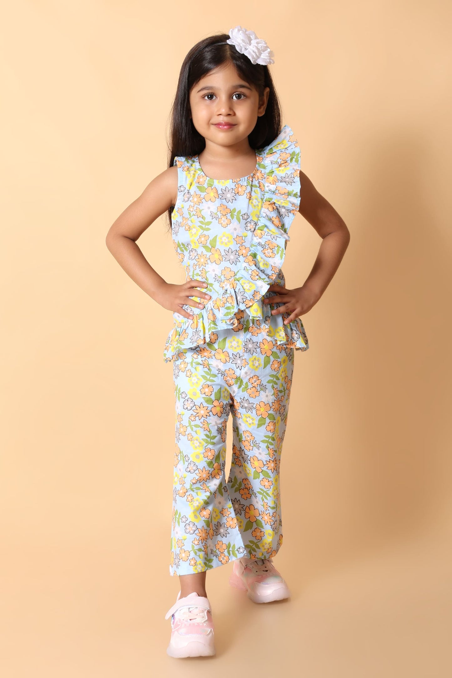 Girls Blue Floral Ruffle Peplum Cotton Co-ord Set – Top & Pants (2–8Y)