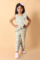 Girls Blue Floral Ruffle Peplum Cotton Co-ord Set – Top & Pants (2–8Y)
