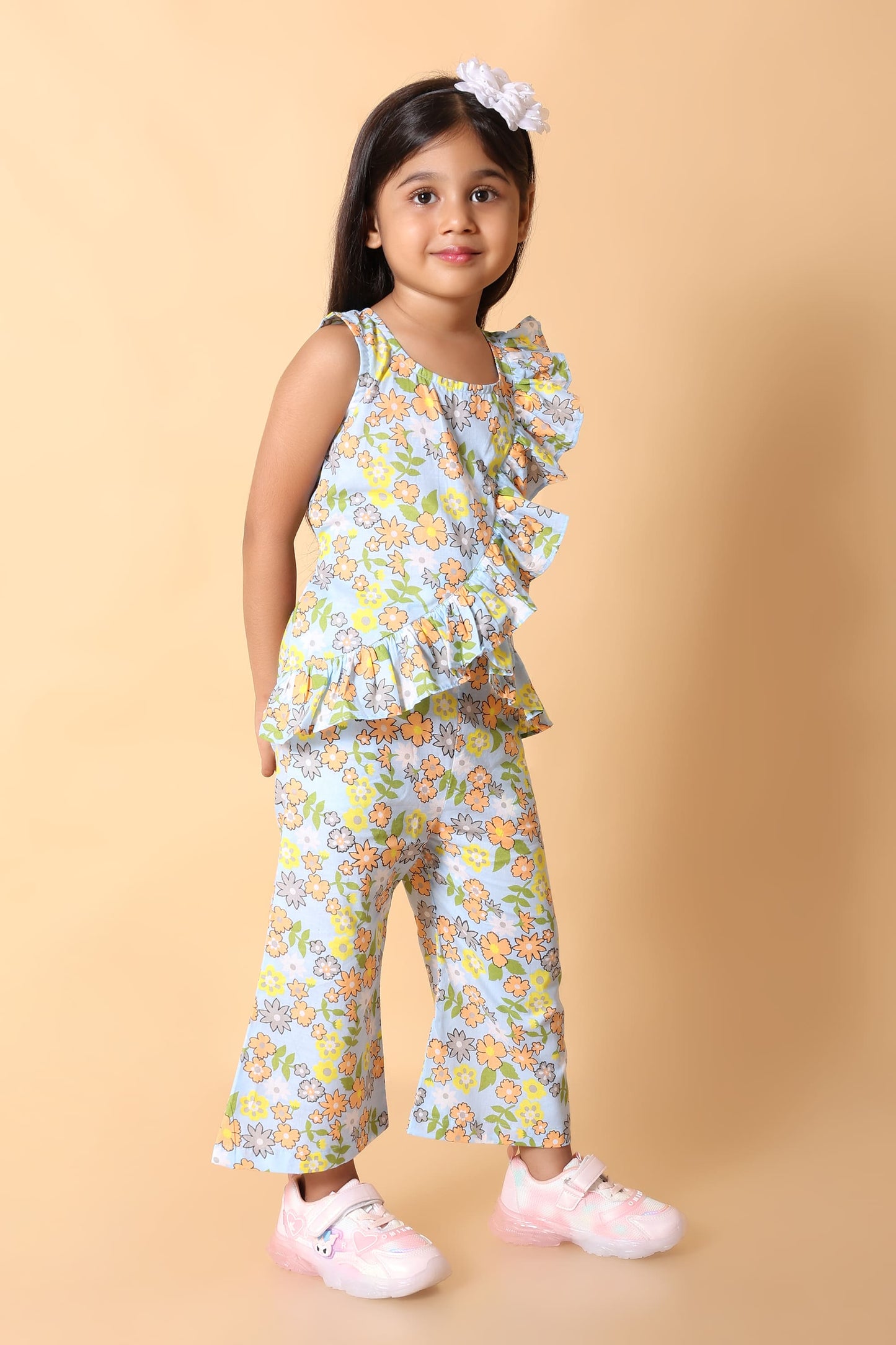 Girls Blue Floral Ruffle Peplum Cotton Co-ord Set – Top & Pants (2–8Y)