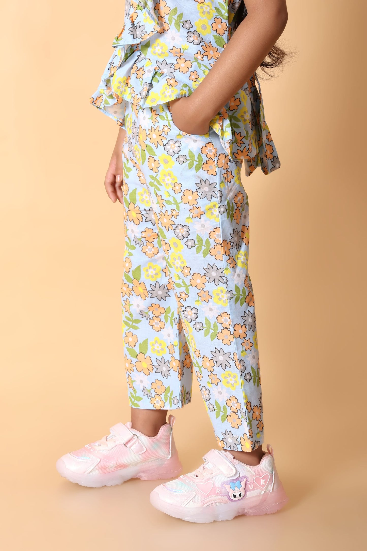 Girls Blue Floral Ruffle Peplum Cotton Co-ord Set – Top & Pants (2–8Y)