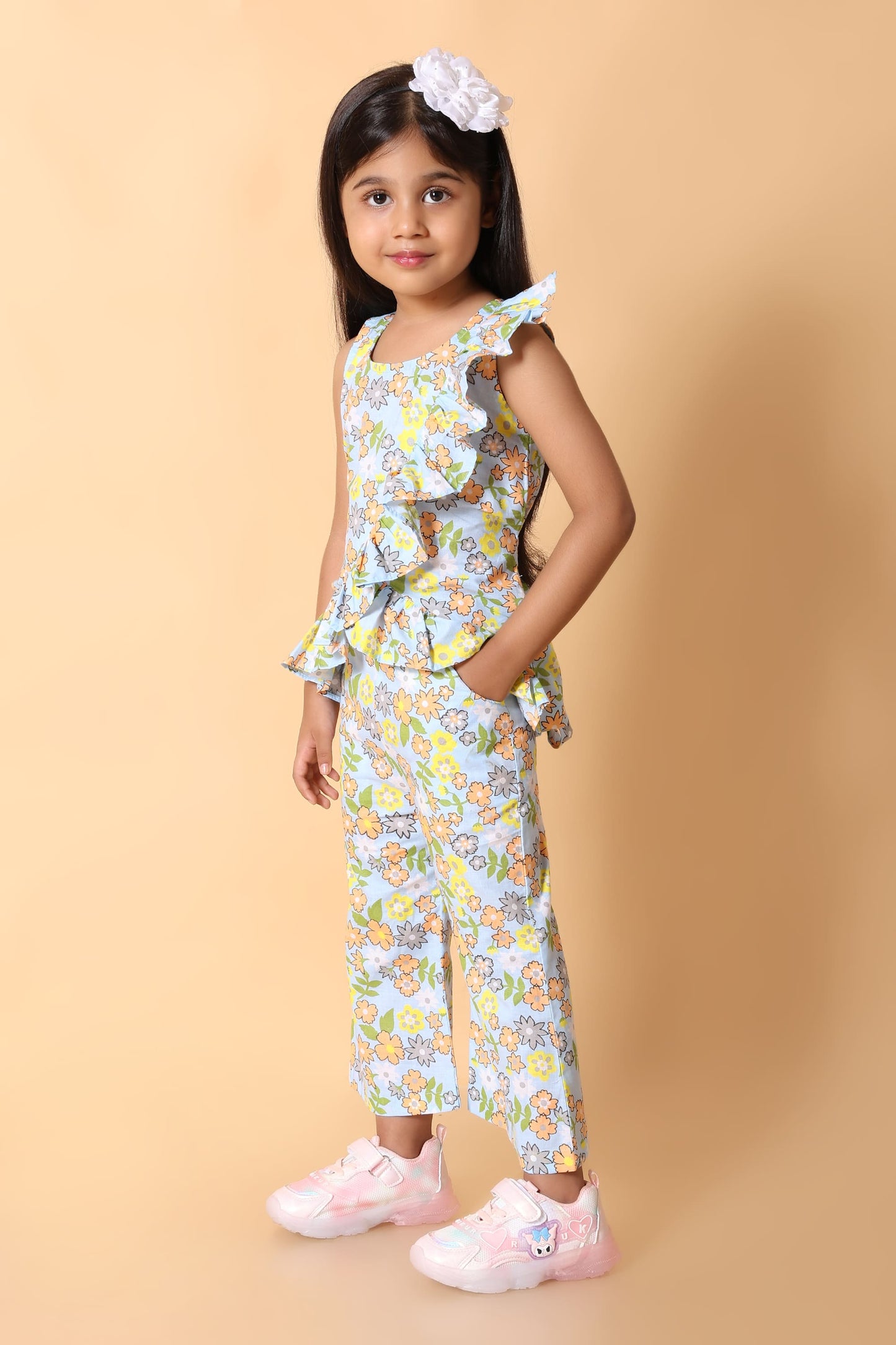 Girls Blue Floral Ruffle Peplum Cotton Co-ord Set – Top & Pants (2–8Y)