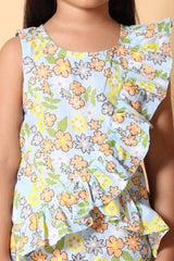 Girls Blue Floral Ruffle Peplum Cotton Co-ord Set – Top & Pants (2–8Y)