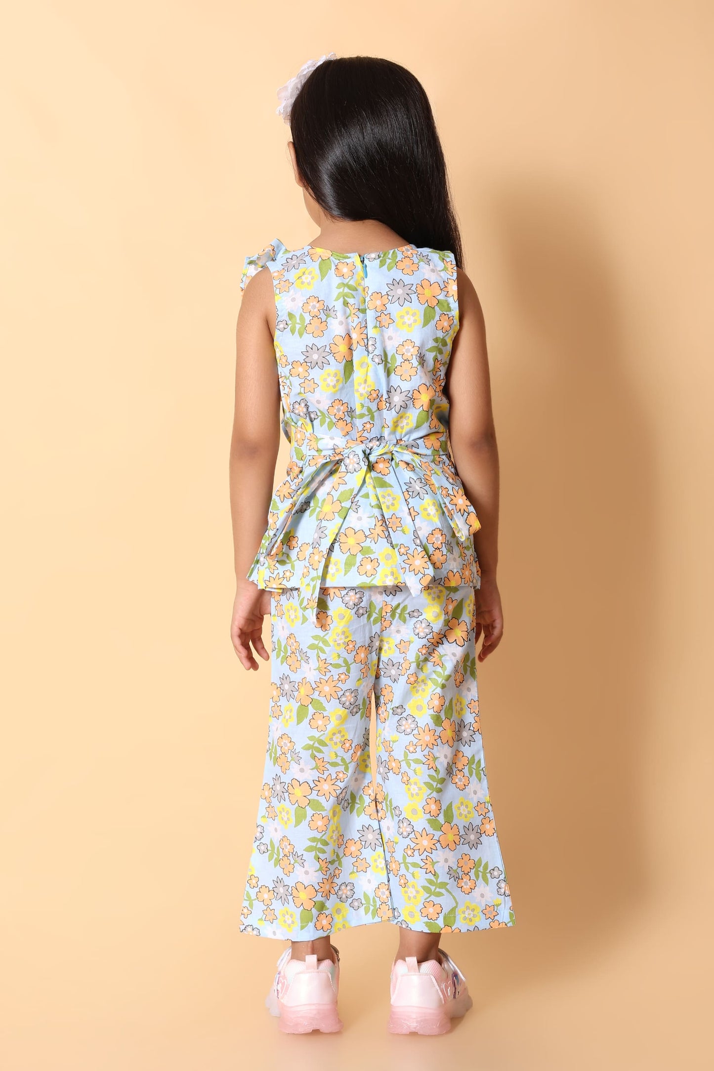 Girls Blue Floral Ruffle Peplum Cotton Co-ord Set – Top & Pants (2–8Y)