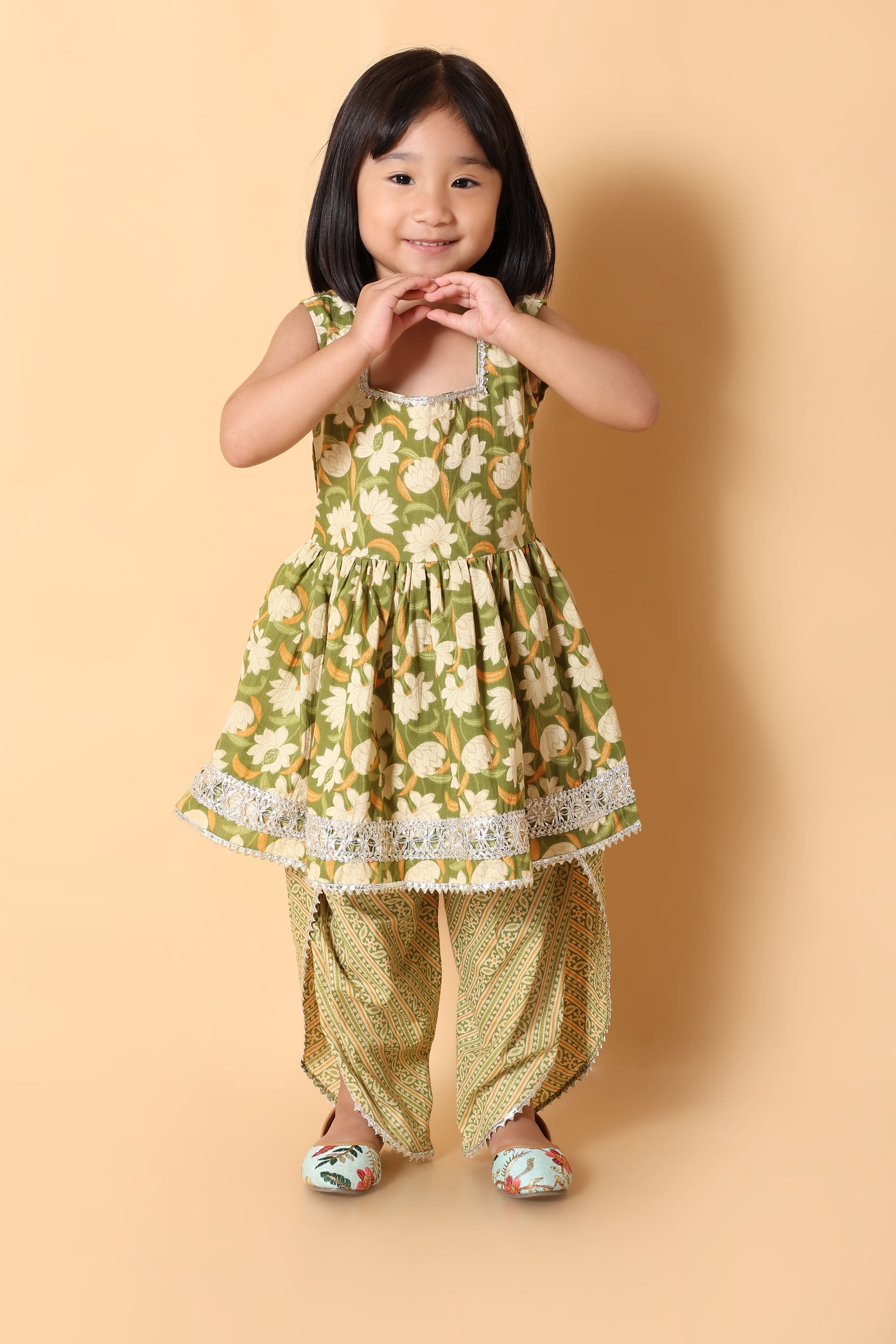 Olive Green Rakhi Dhoti Kurti Set for Girls