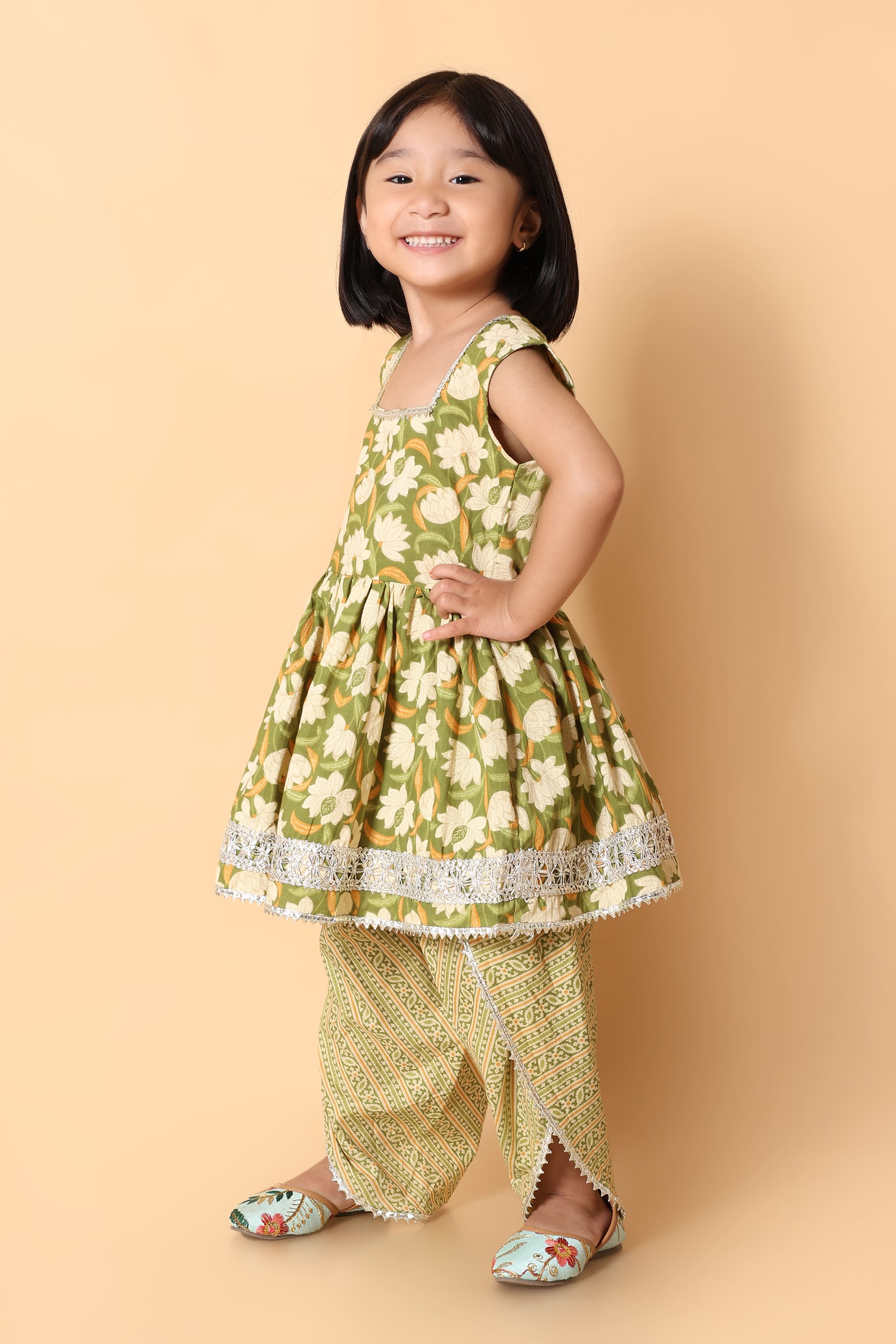 Olive Green Rakhi Dhoti Kurti Set for Girls