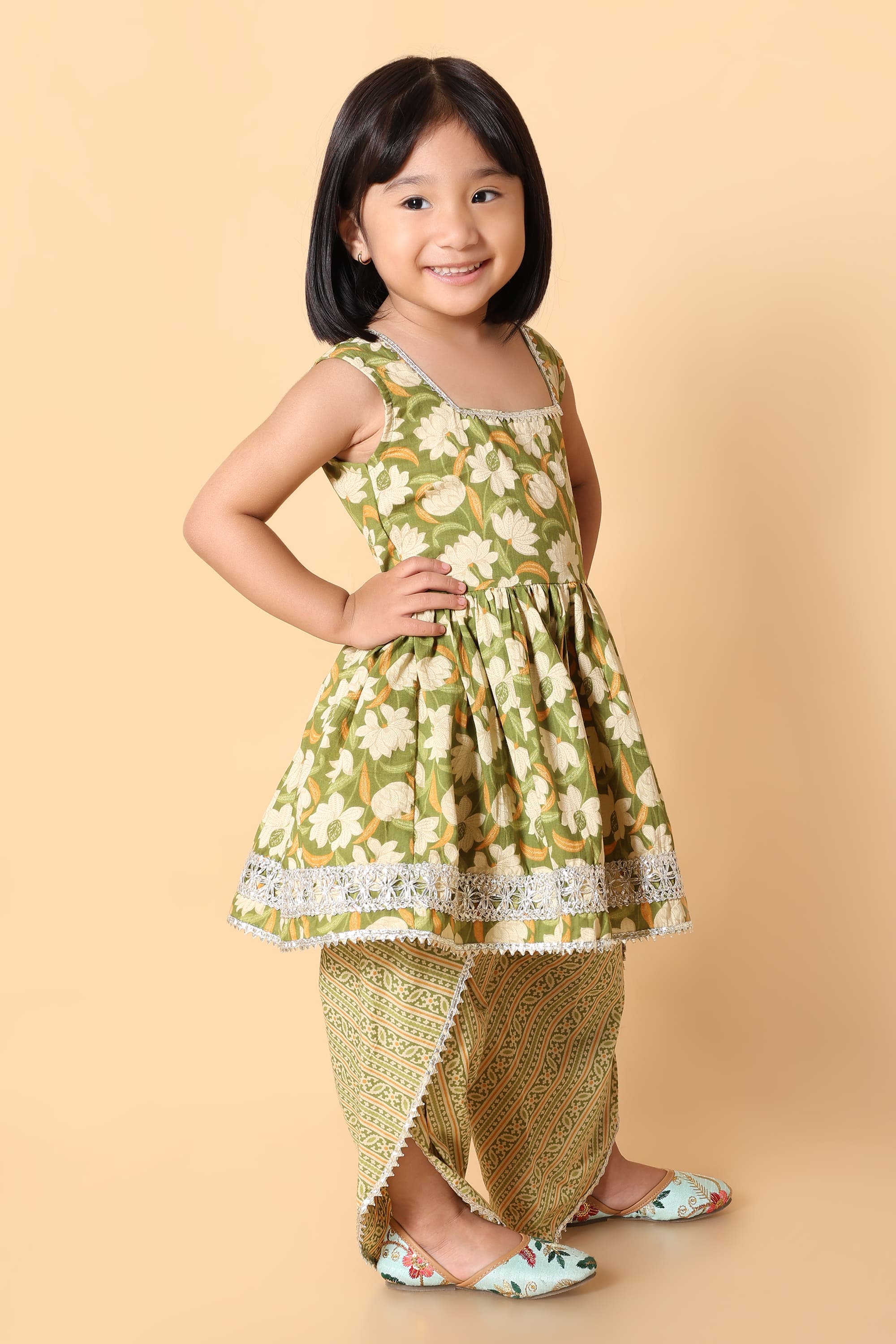 Olive Green Rakhi Dhoti Kurti Set for Girls