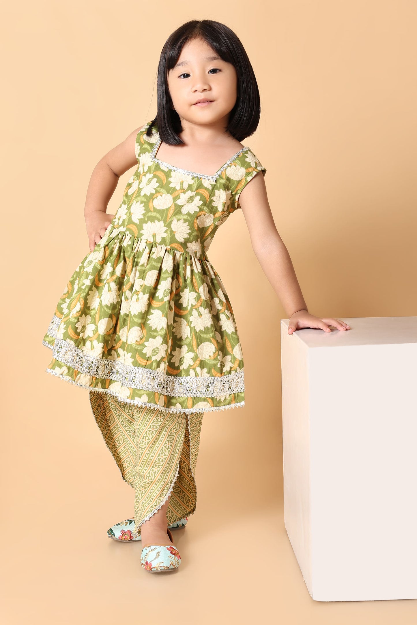Olive Green Rakhi Dhoti Kurti Set for Girls