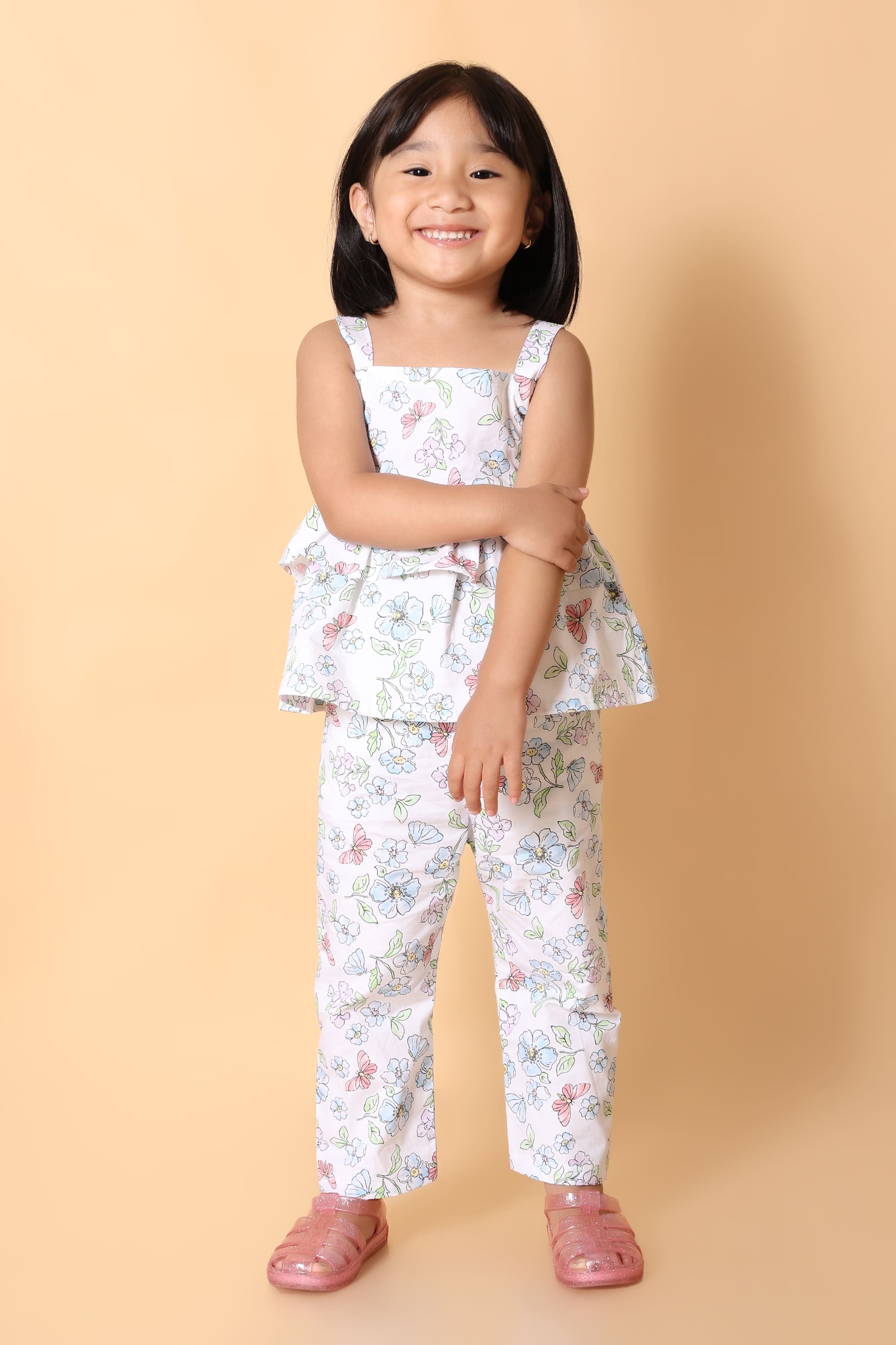 Girls Floral & Butterfly Cotton Co-ord Set – Peplum Top & Pants (2-8Y)