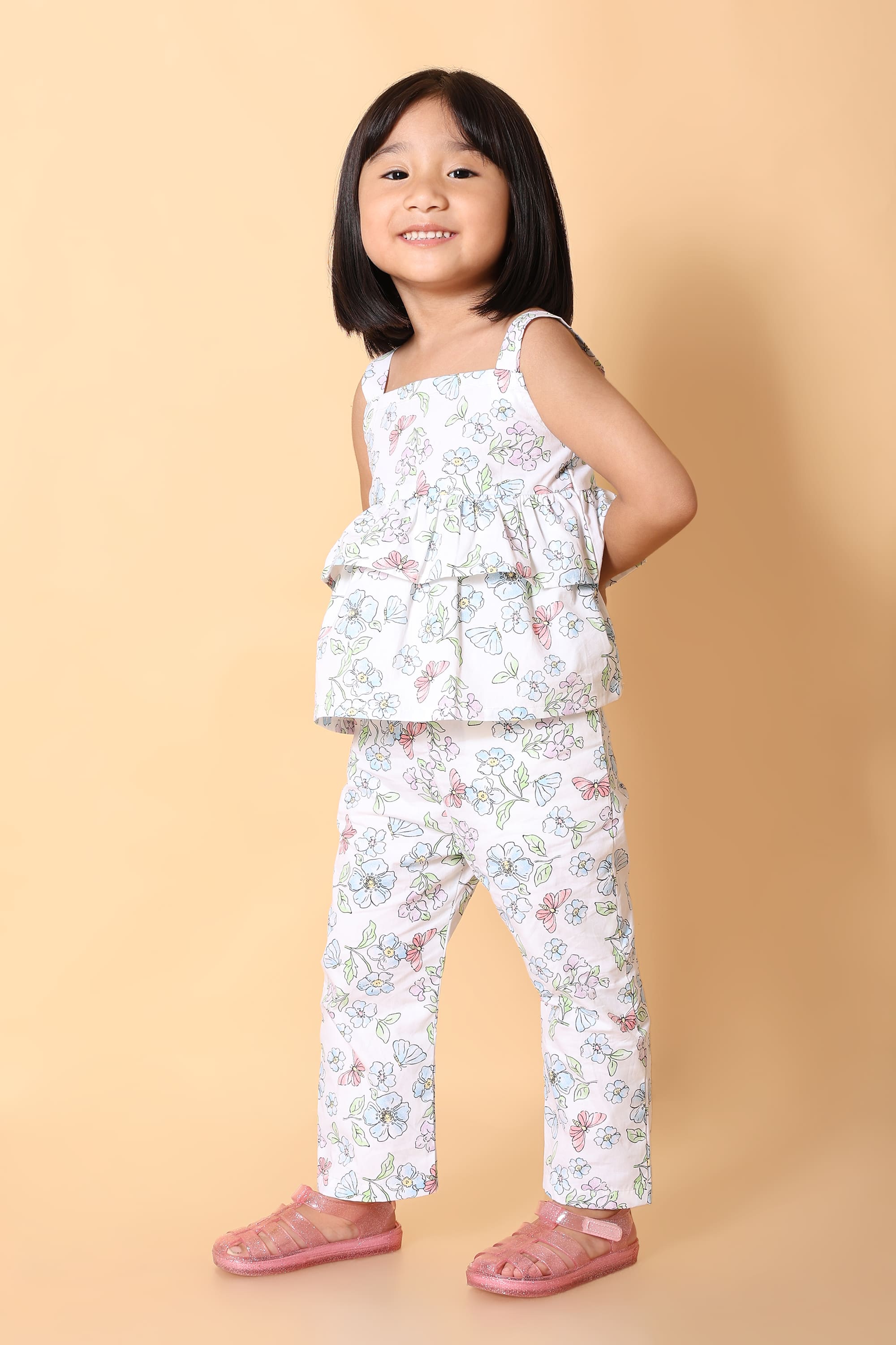 Girls Floral & Butterfly Cotton Co-ord Set – Peplum Top & Pants (2-8Y)