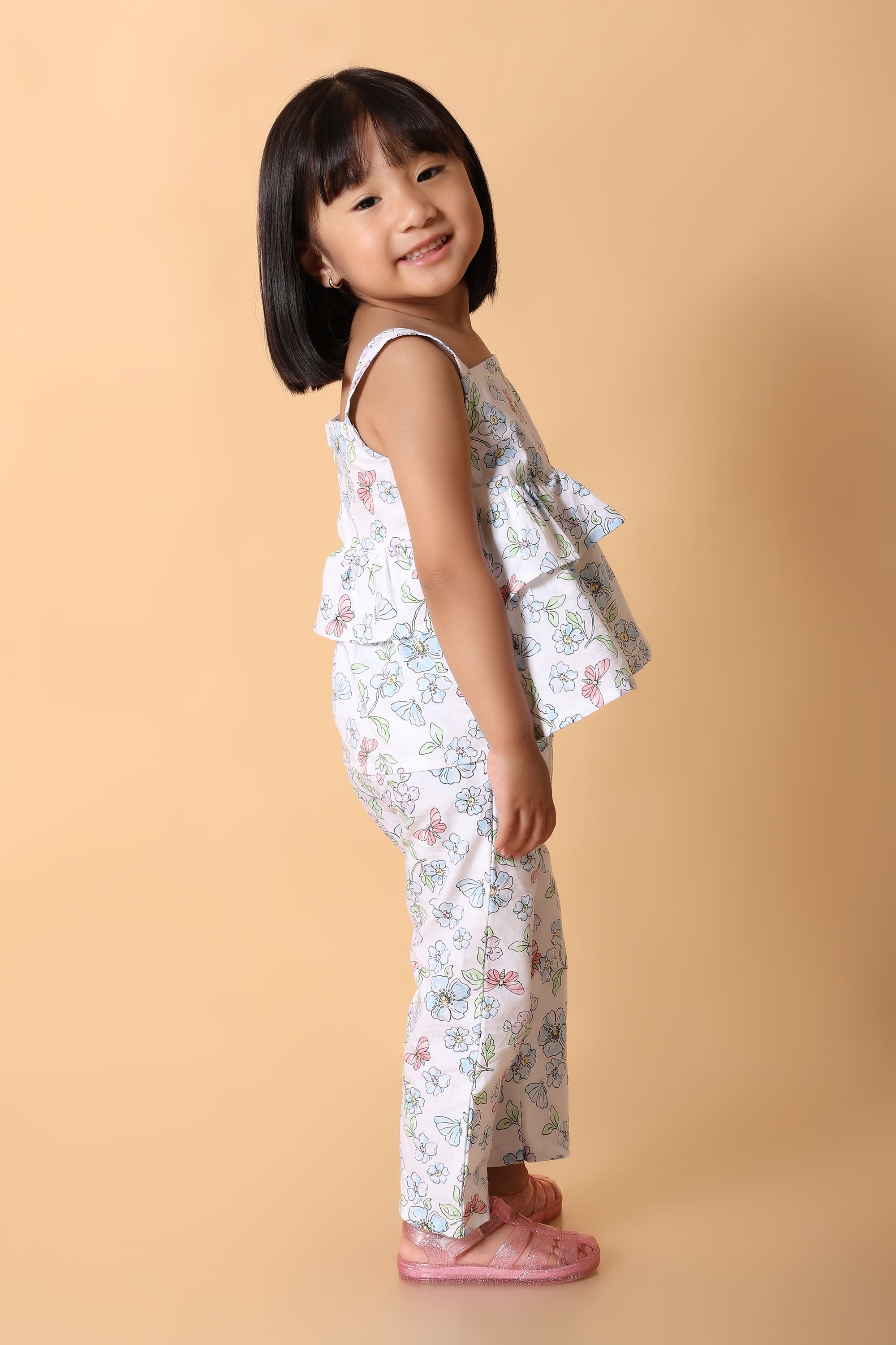 Girls Floral & Butterfly Cotton Co-ord Set – Peplum Top & Pants (2-8Y)