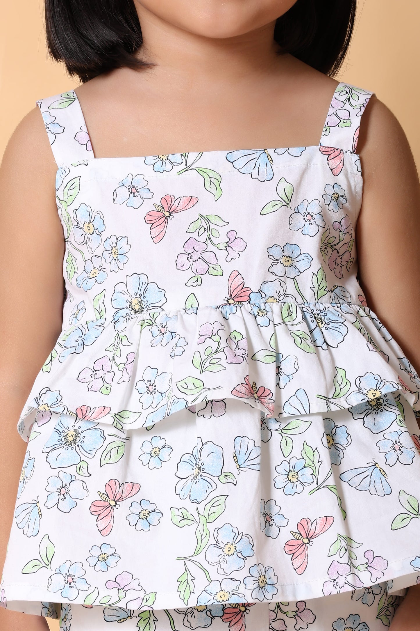 Girls Floral & Butterfly Cotton Co-ord Set – Peplum Top & Pants (2-8Y)