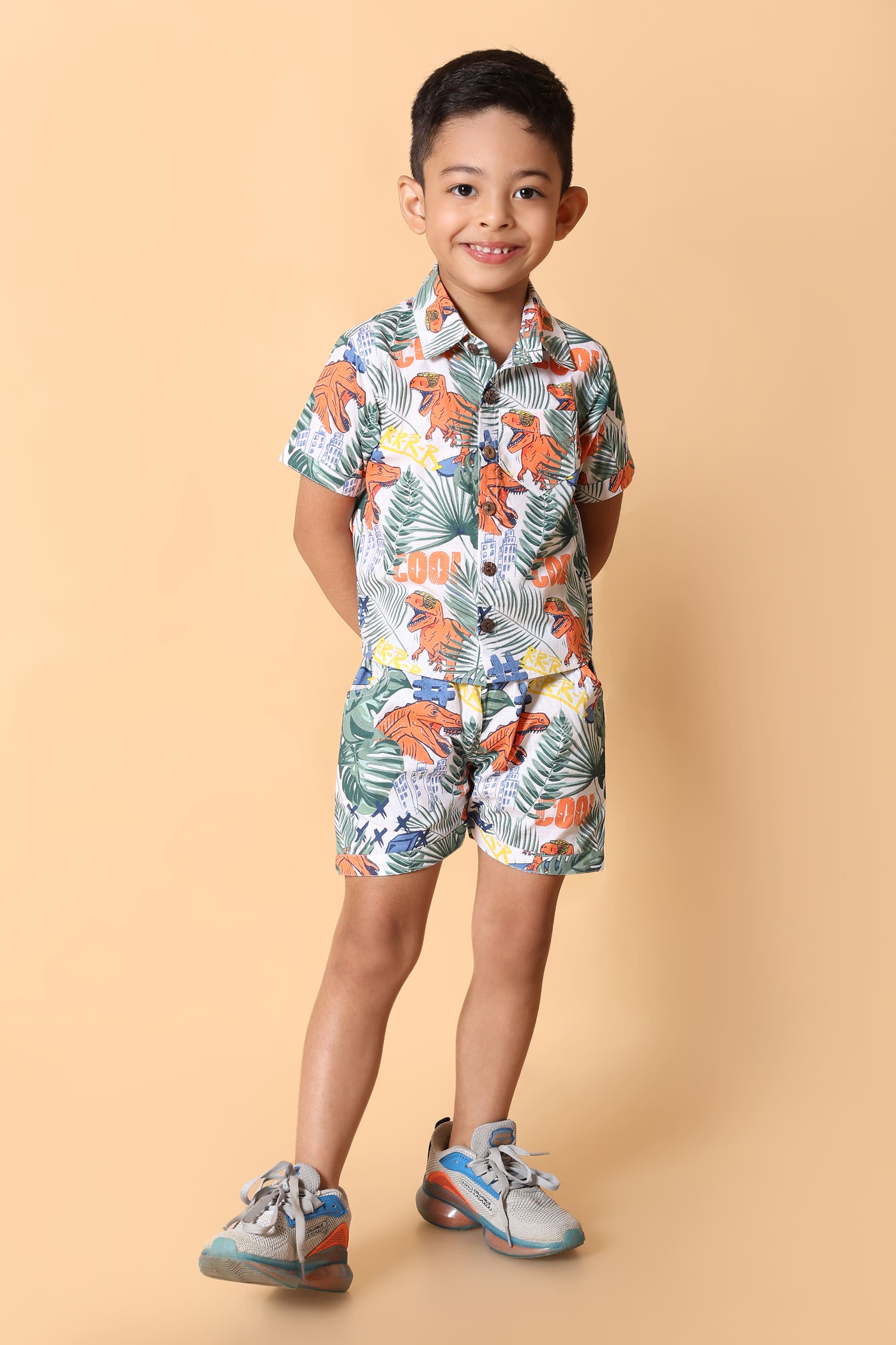 Dino Printed Pure Cotton Boys Shirt & Shorts Coord Set Clothing Set