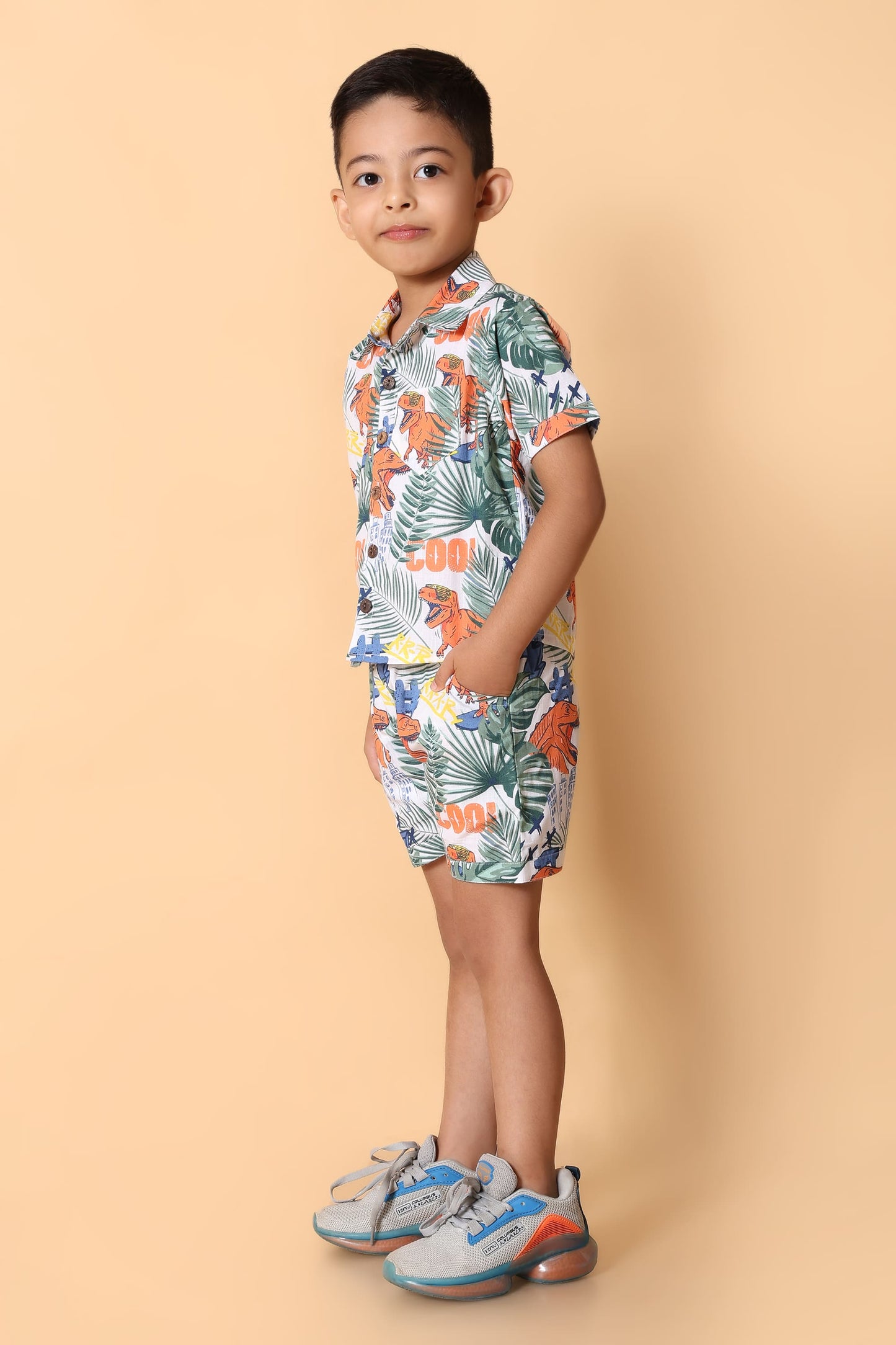 Dino Printed Pure Cotton Boys Shirt & Shorts Coord Set Clothing Set