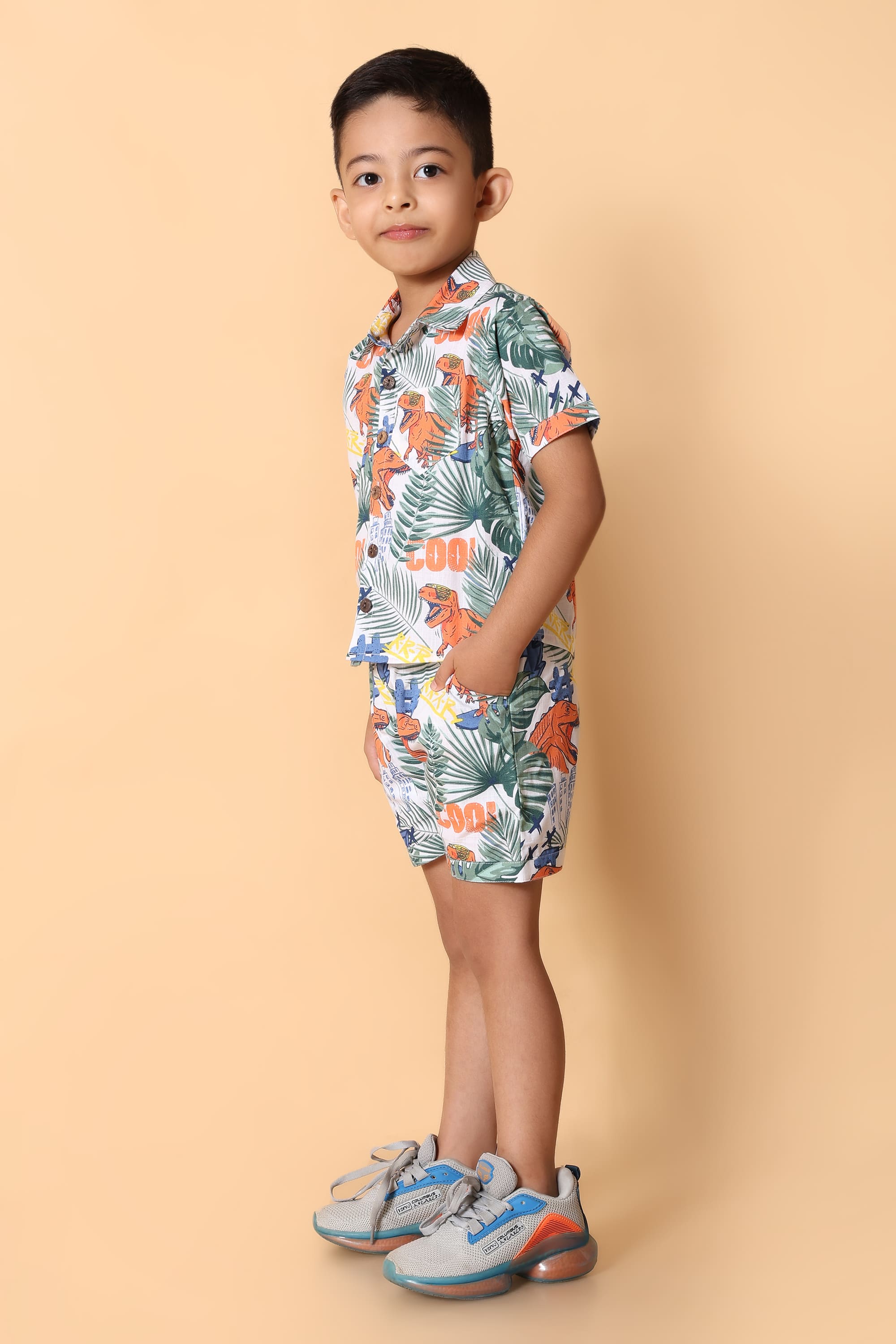 Dino Printed Pure Cotton Boys Shirt & Shorts Coord Set Clothing Set