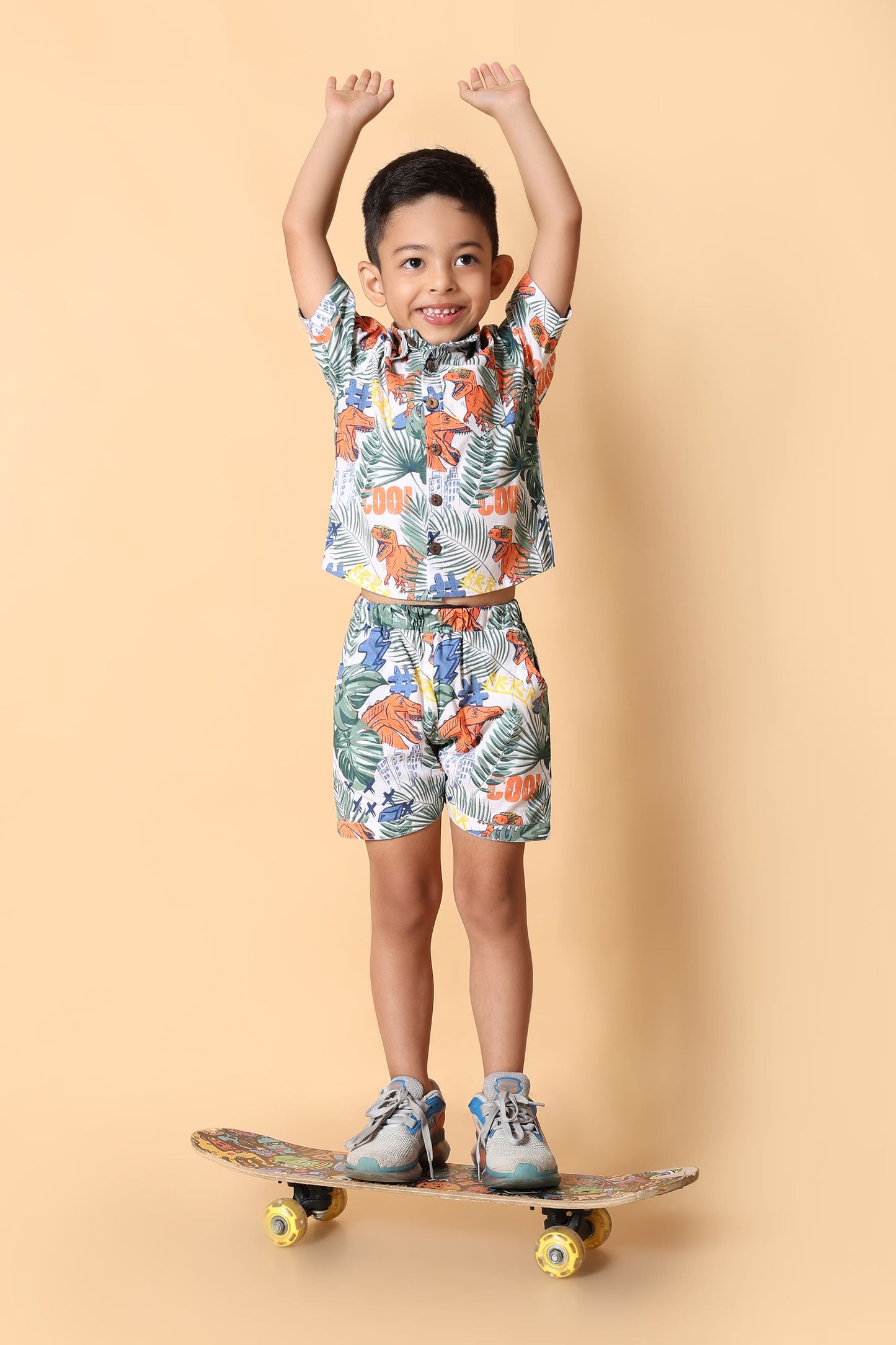 Dino Printed Pure Cotton Boys Shirt & Shorts Coord Set Clothing Set