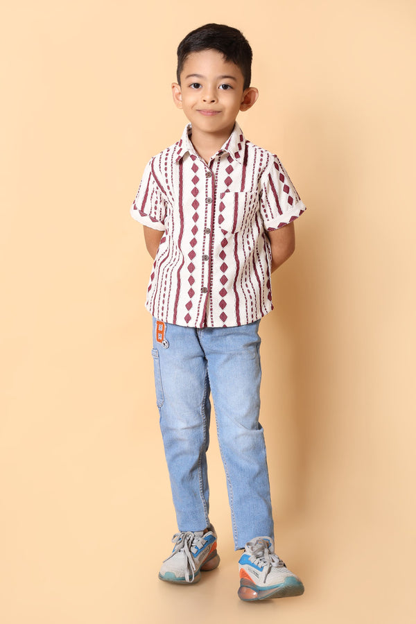 Maroon & White Ethnic Print Shirt - 4 Year Boy Festive Dress