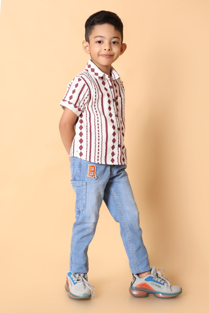 Maroon & White Ethnic Print Shirt - 4 Year Boy Festive Dress