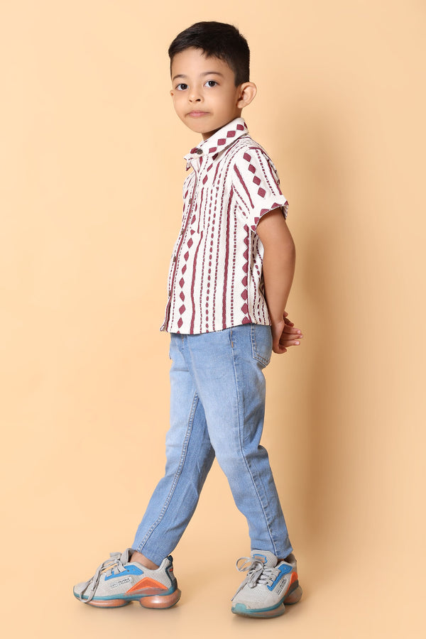 Maroon & White Ethnic Print Shirt - 4 Year Boy Festive Dress