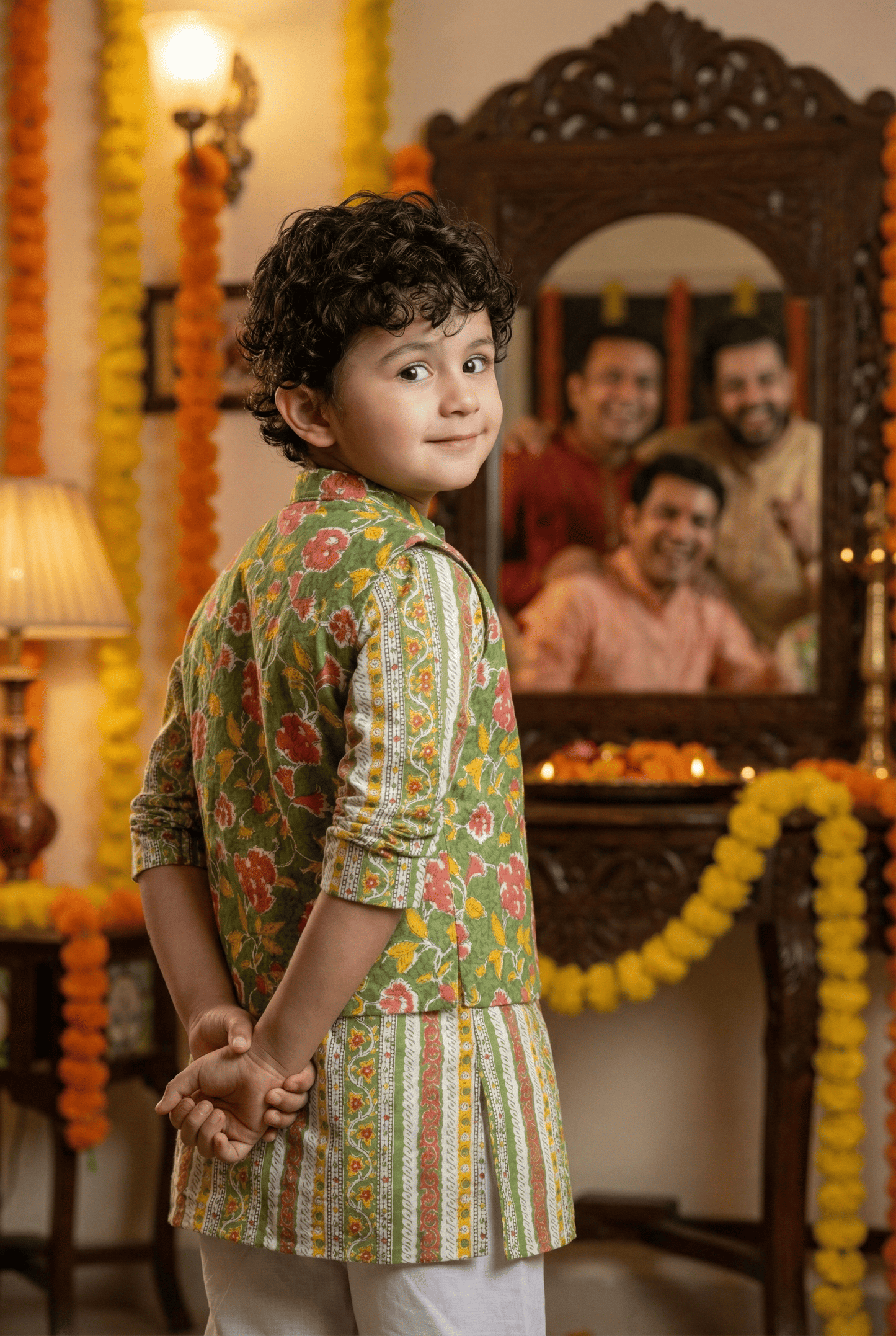 Fresh Sophistication: Boys' Floral Print Parrot Green Short Kurta with Nehru Jacket Set