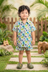 Boy wearing elephant and jungle print coord set — 100% cotton safari kids outfit 2–8 years India