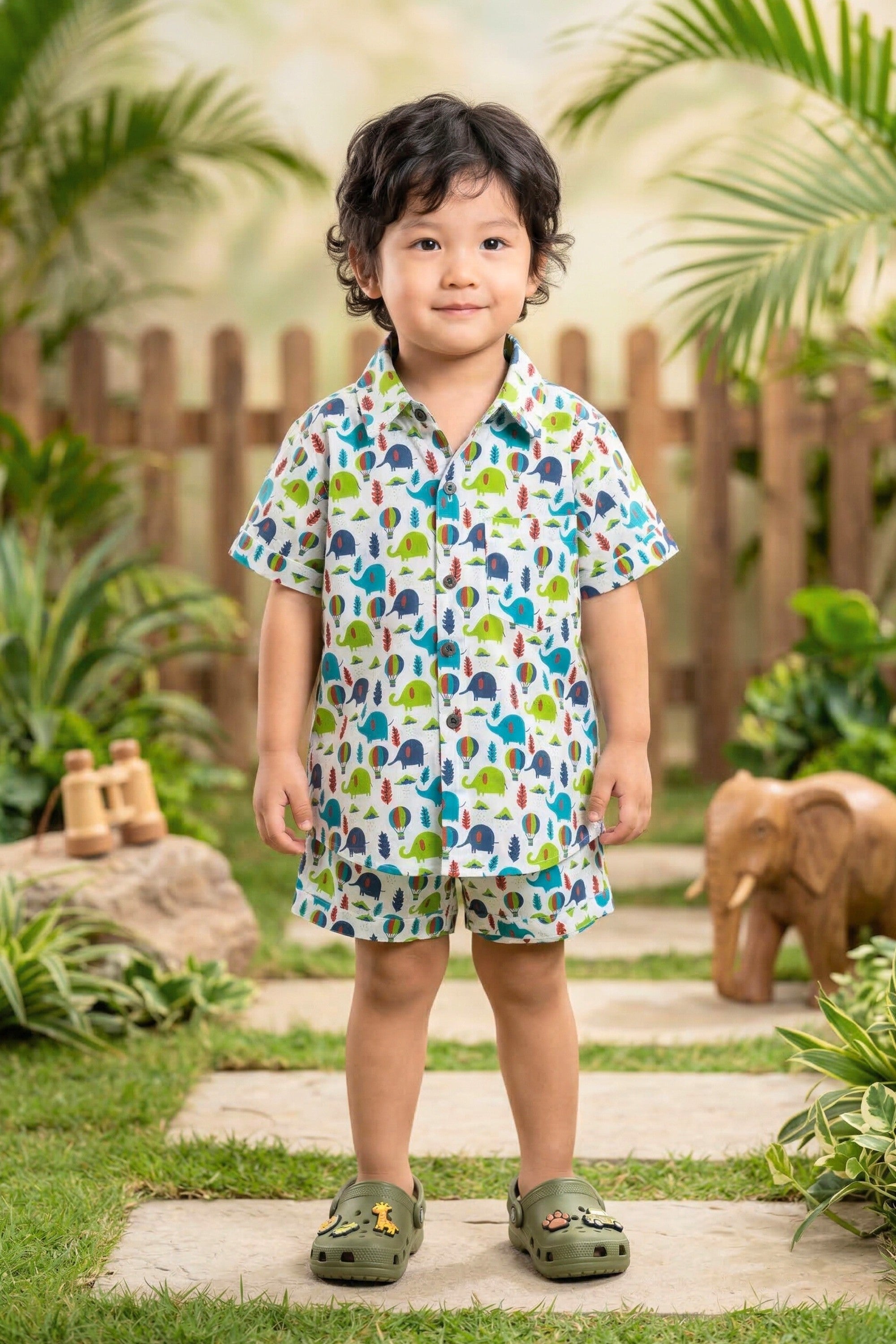 Boy wearing elephant and jungle print coord set — 100% cotton safari kids outfit 2–8 years India