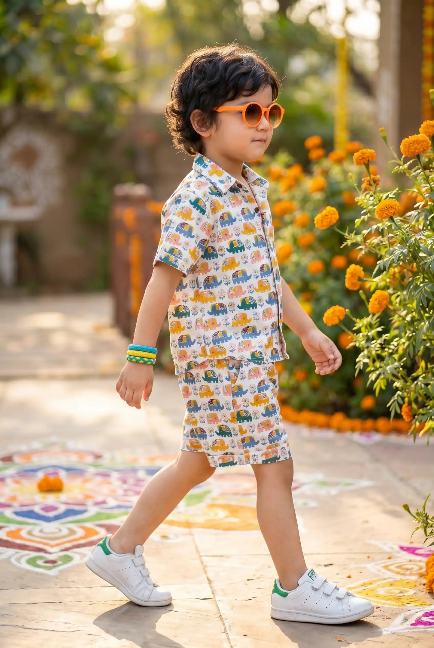 Boys elephant nature casual outfit with matching shirt & shorts, side pockets visible, perfect summer wear everyday play, 100% cotton