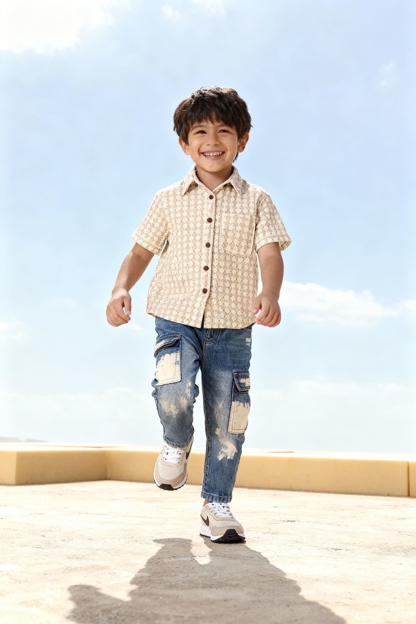 Beige Diamond Print Shirt - Kids Dress for Boys