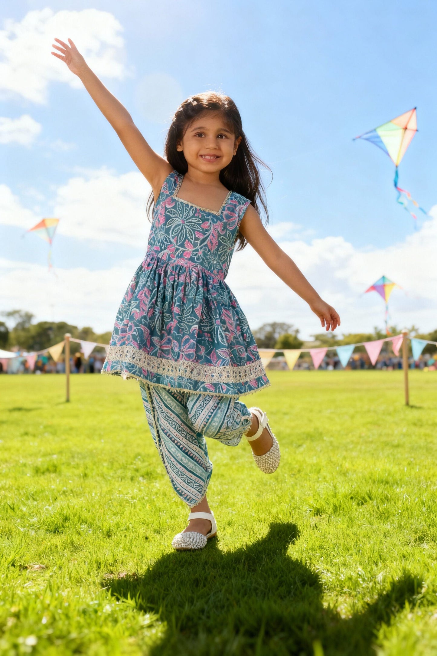 Blue & Pink Floral Rakhi Ethnic Wear for Girls