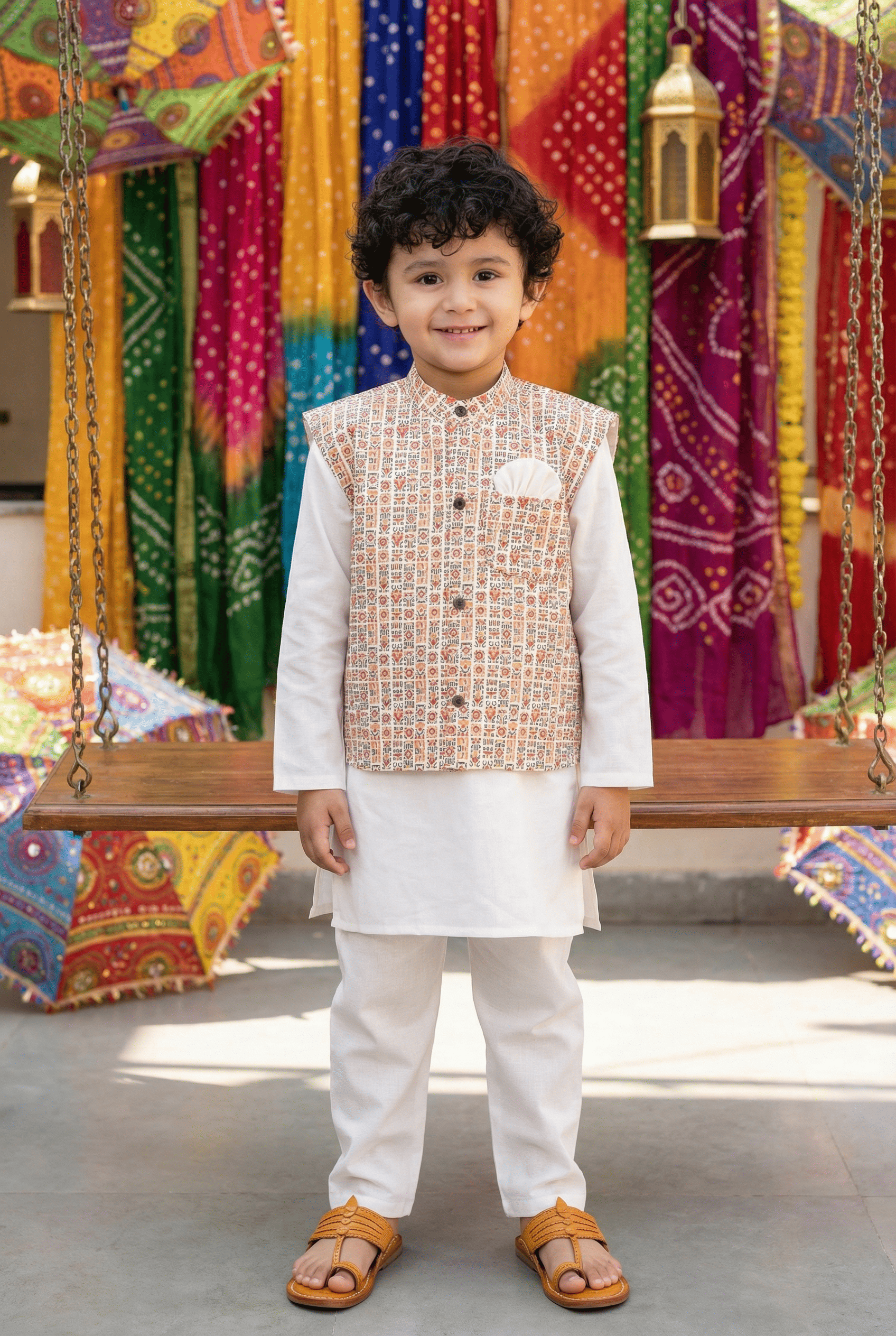 Bohemian Chic: Boys' Nehru Jacket with Off-White Kurta Pyjama Set