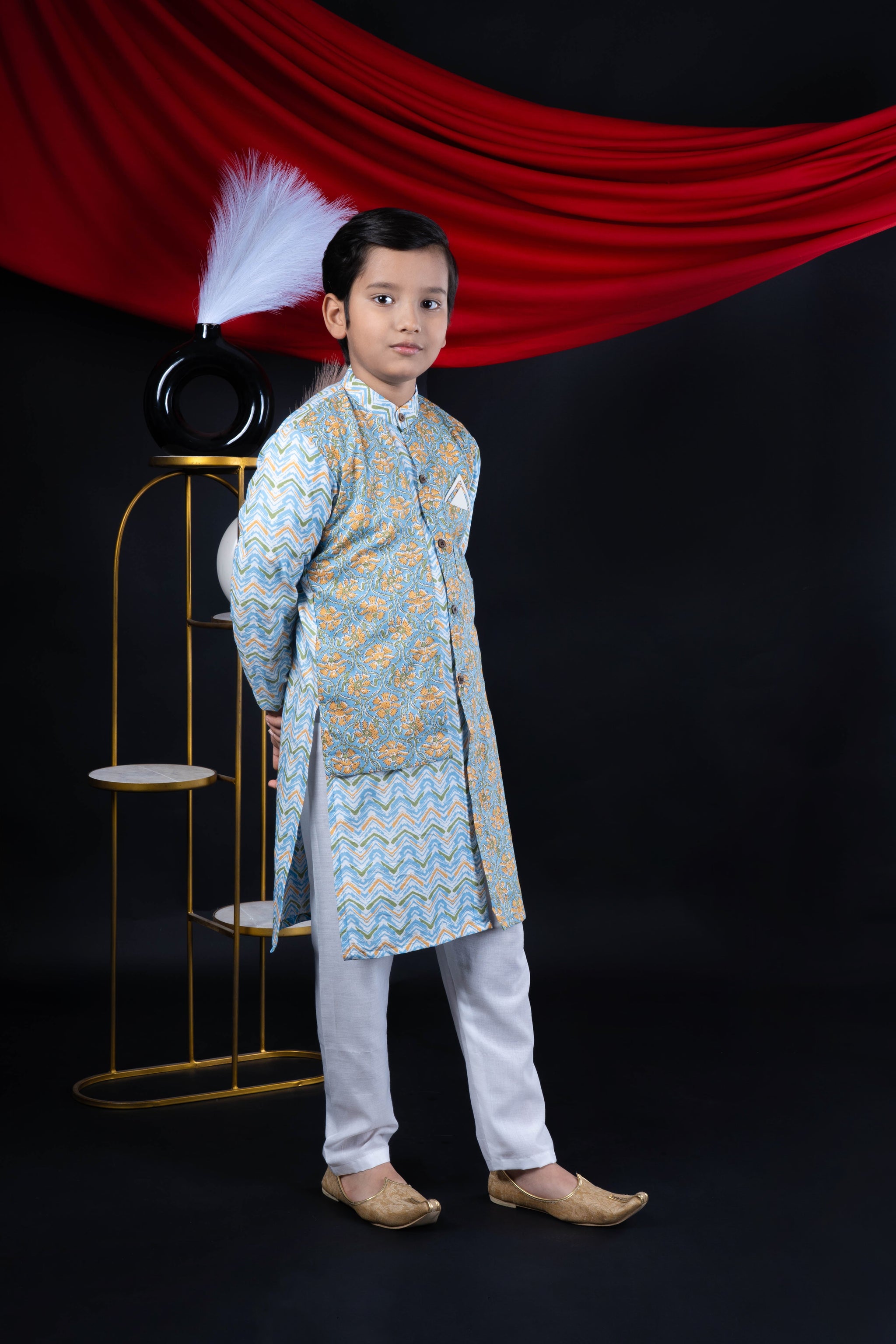 Sky Blue Floral Kurta Set for Boys
