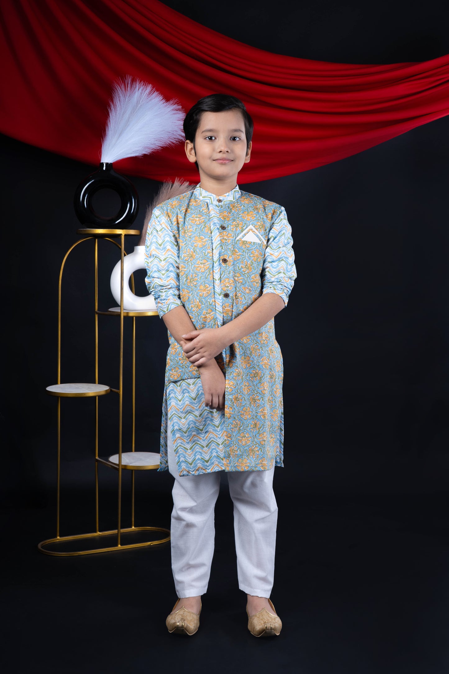Sky Blue Floral Kurta Set for Boys